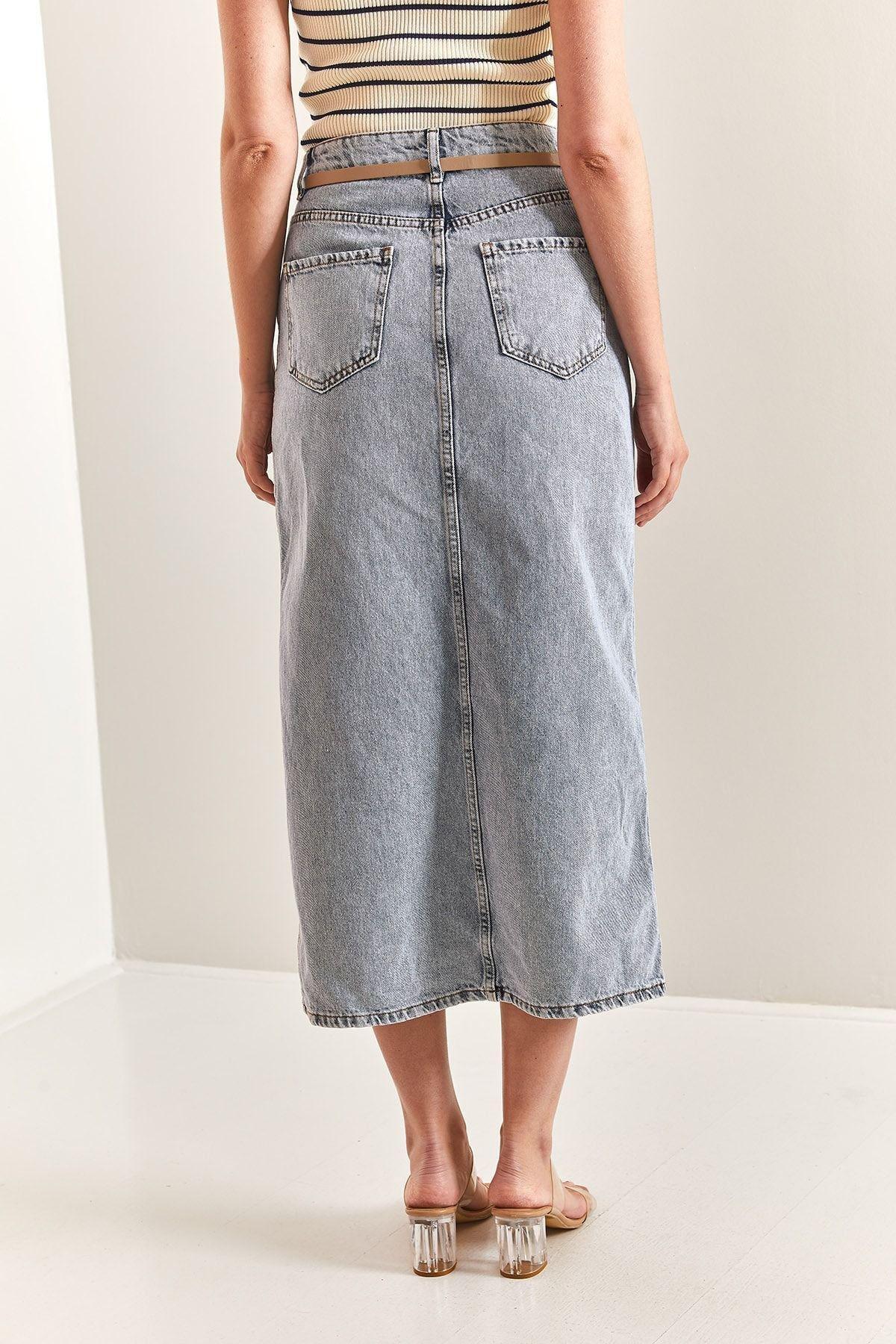 Blue Open Side Long Denim Skirt, , large image number 3