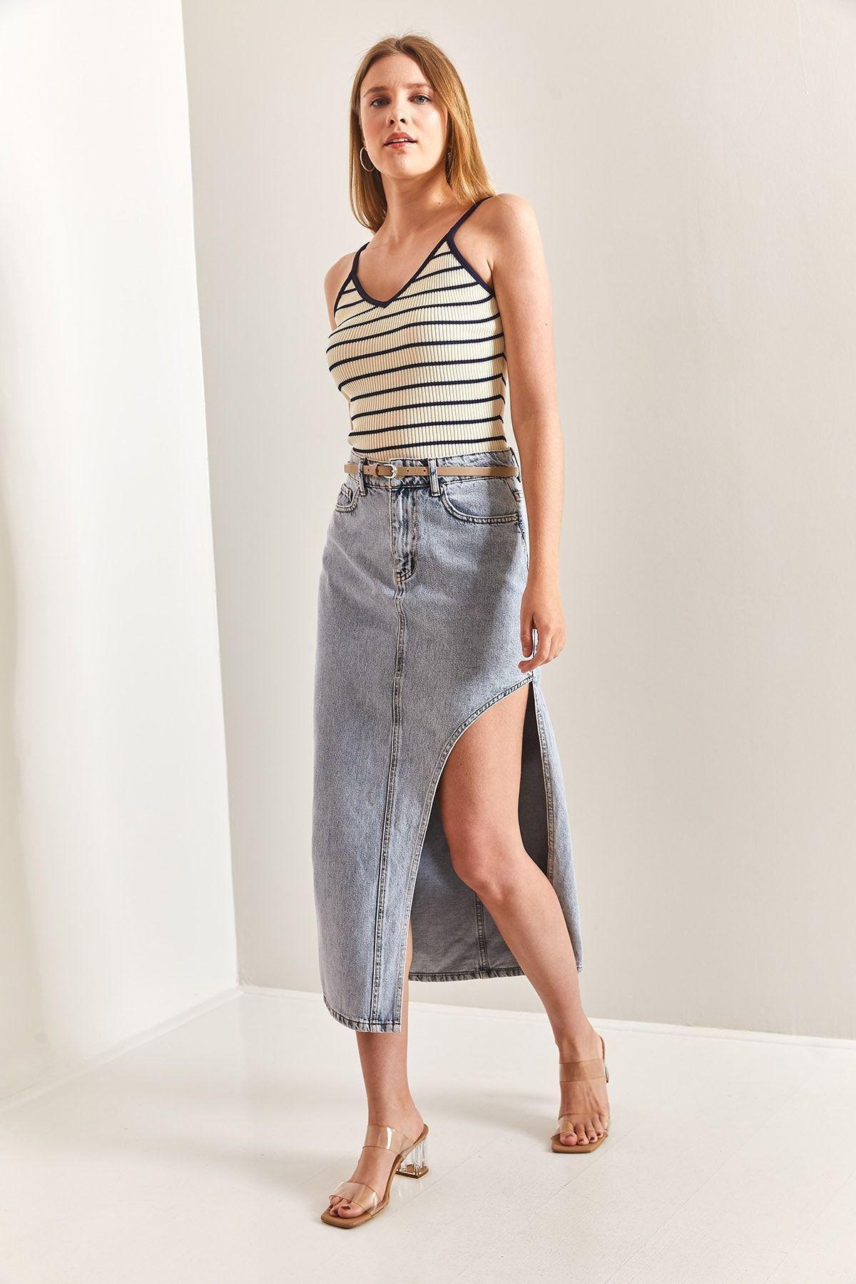 Blue Open Side Long Denim Skirt, , large image number 4