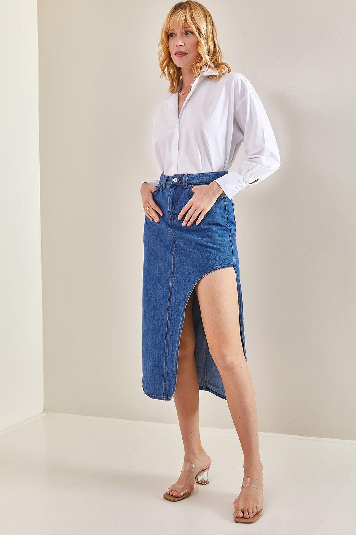 Indigo Open Side Long Denim Skirt, , large image number 0
