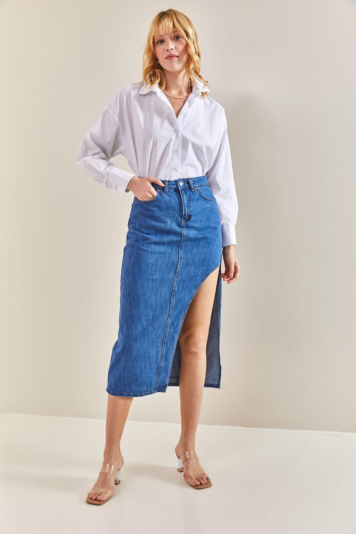 Indigo Open Side Long Denim Skirt, , large image number 1