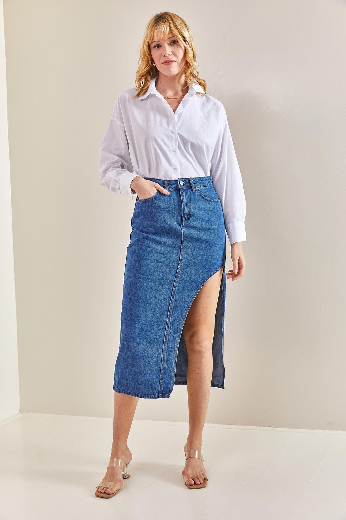 Indigo Open Side Long Denim Skirt, , large image number 4
