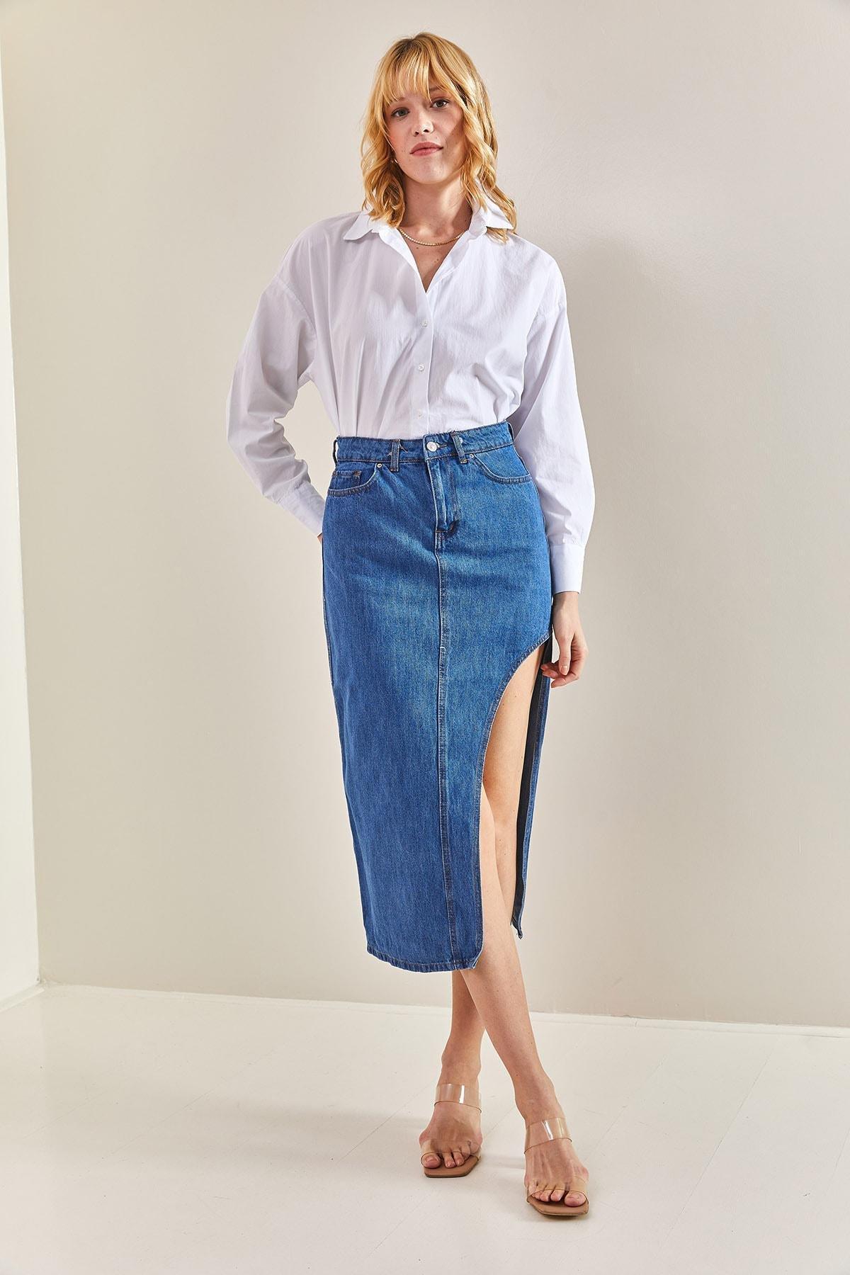 Indigo Open Side Long Denim Skirt, , large image number 5