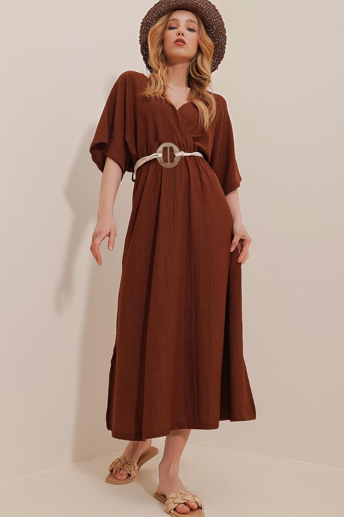 Brown Double Breasted Belted Midi Dress, , large image number 0