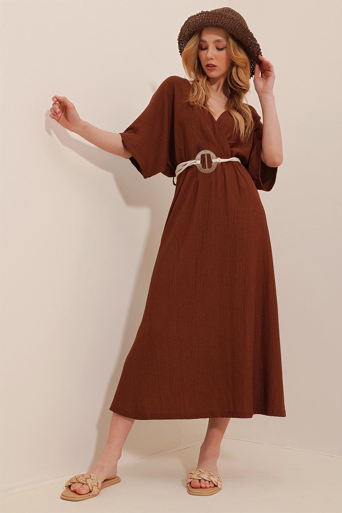 Brown Double Breasted Belted Midi Dress, , large image number 1