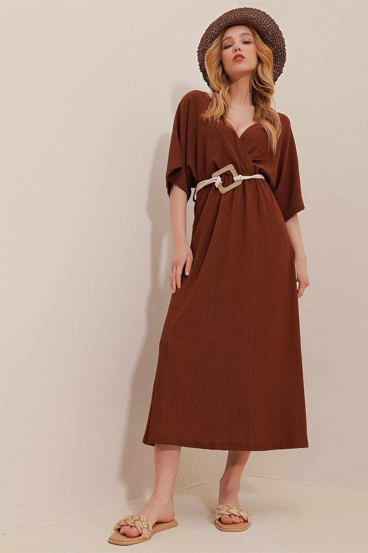 Brown Double Breasted Belted Midi Dress, , large image number 3
