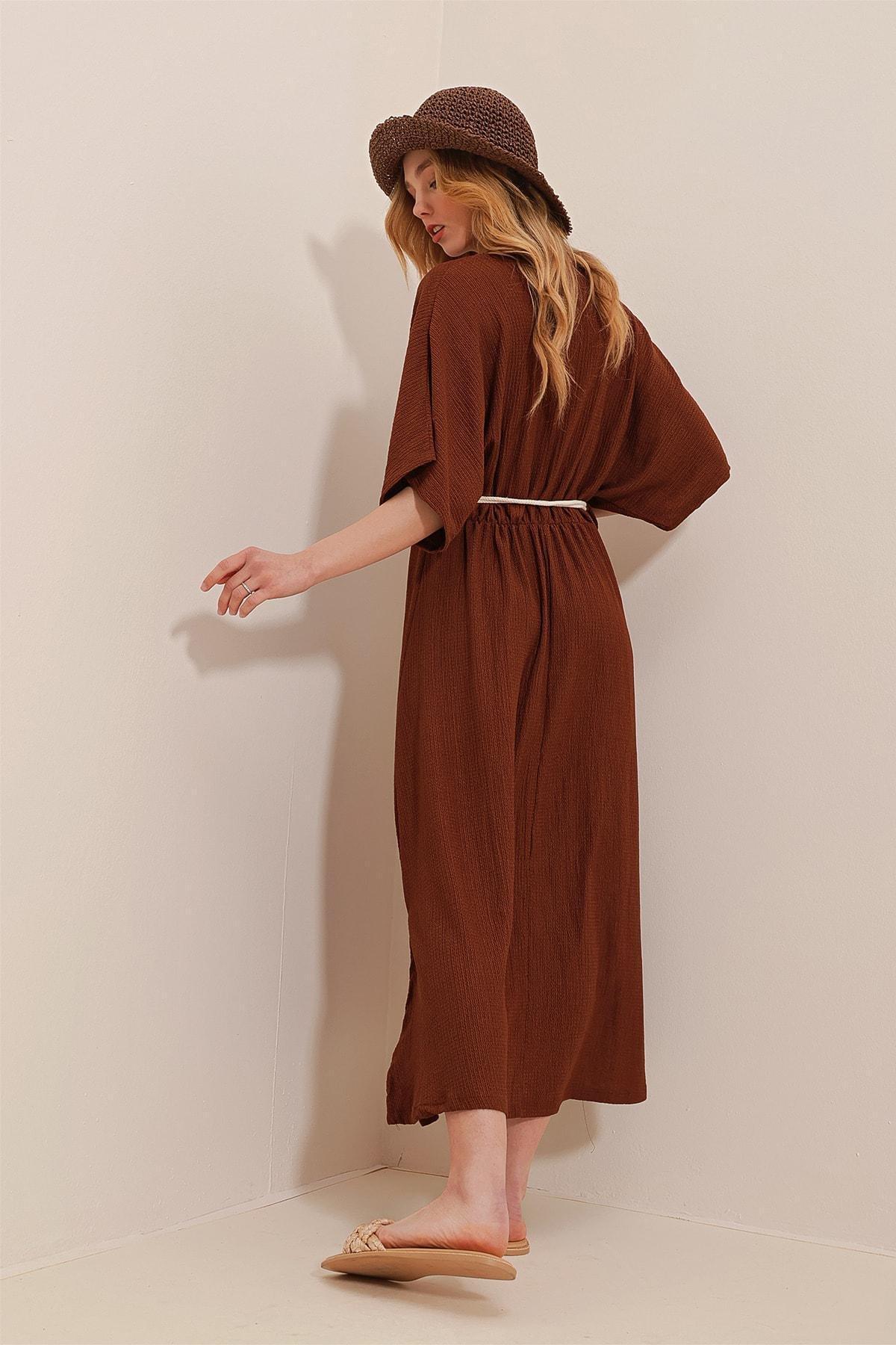 Brown Double Breasted Belted Midi Dress, , large image number 4