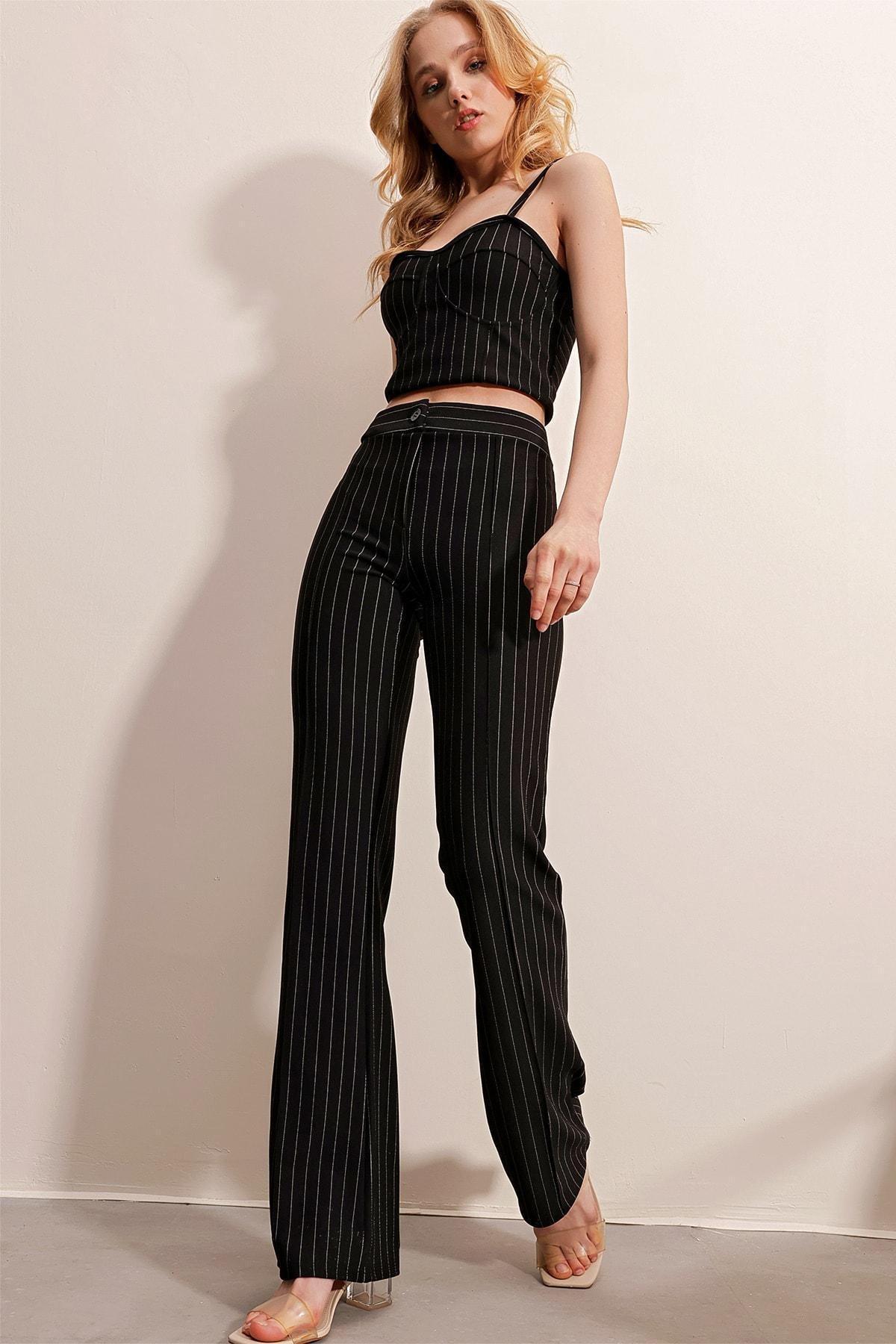 Black Plain Front Striped Pants, , large image number 3