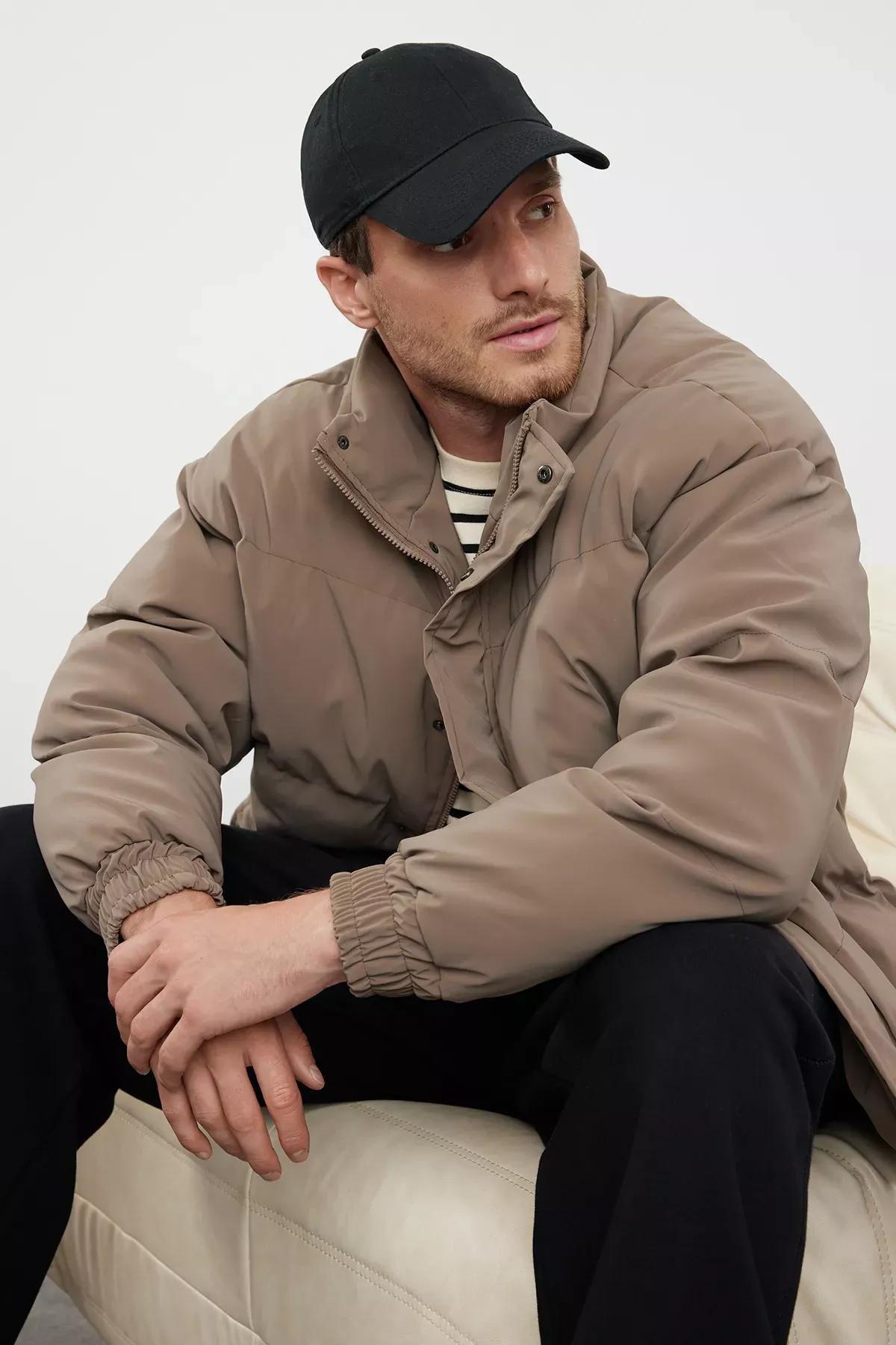 Brown Oversize Stand Collar Puffer Coat, Light brown, medium