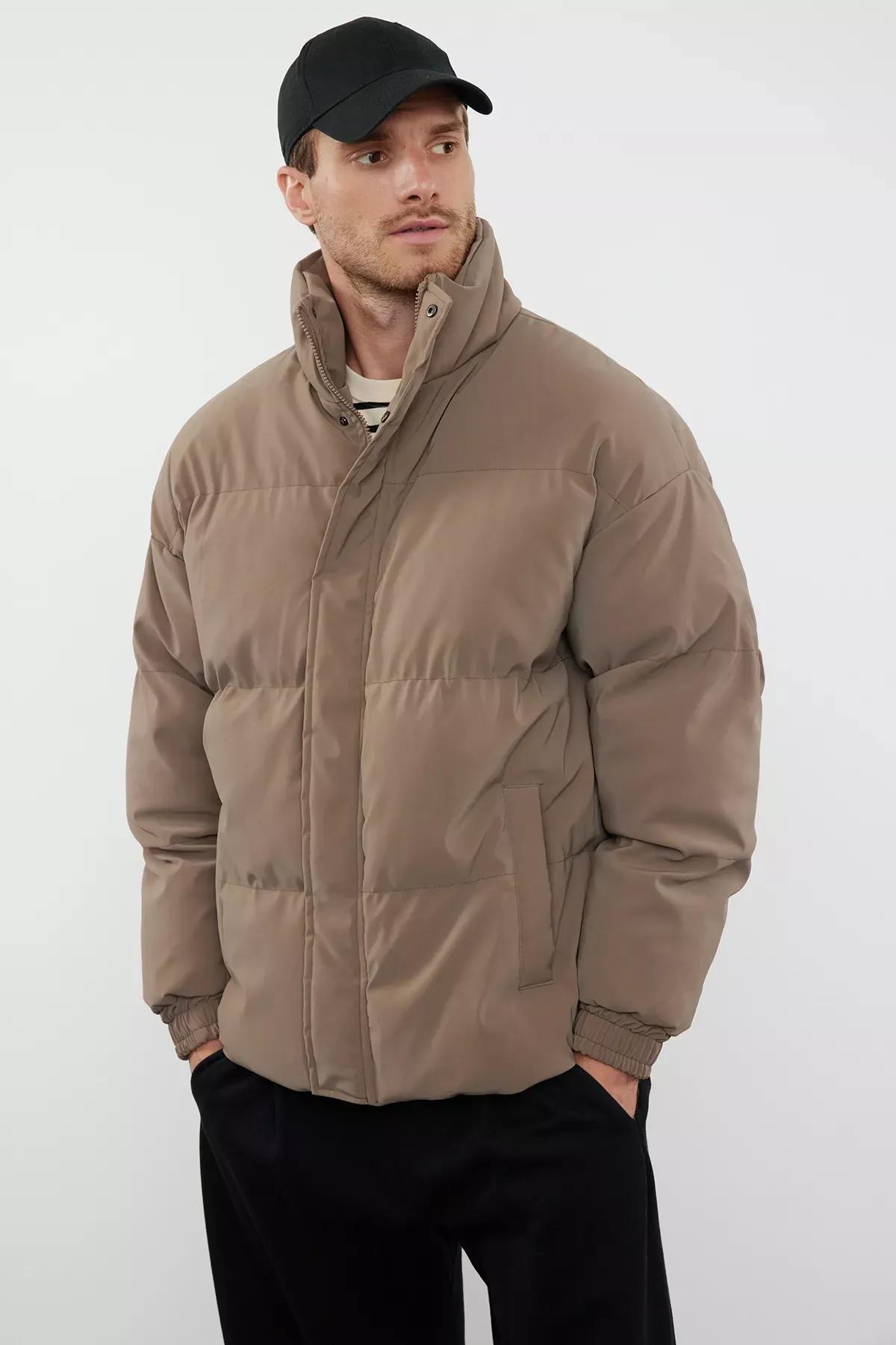 Brown Oversize Stand Collar Puffer Coat, Light brown, medium