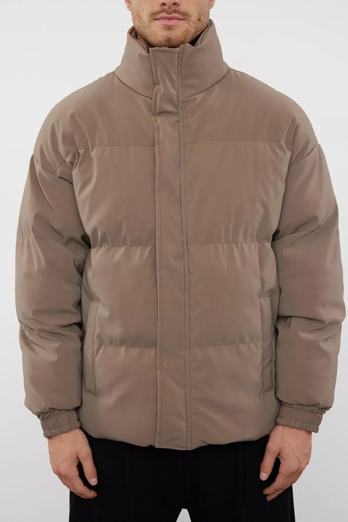 Brown Oversize Stand Collar Puffer Coat, Light brown, medium