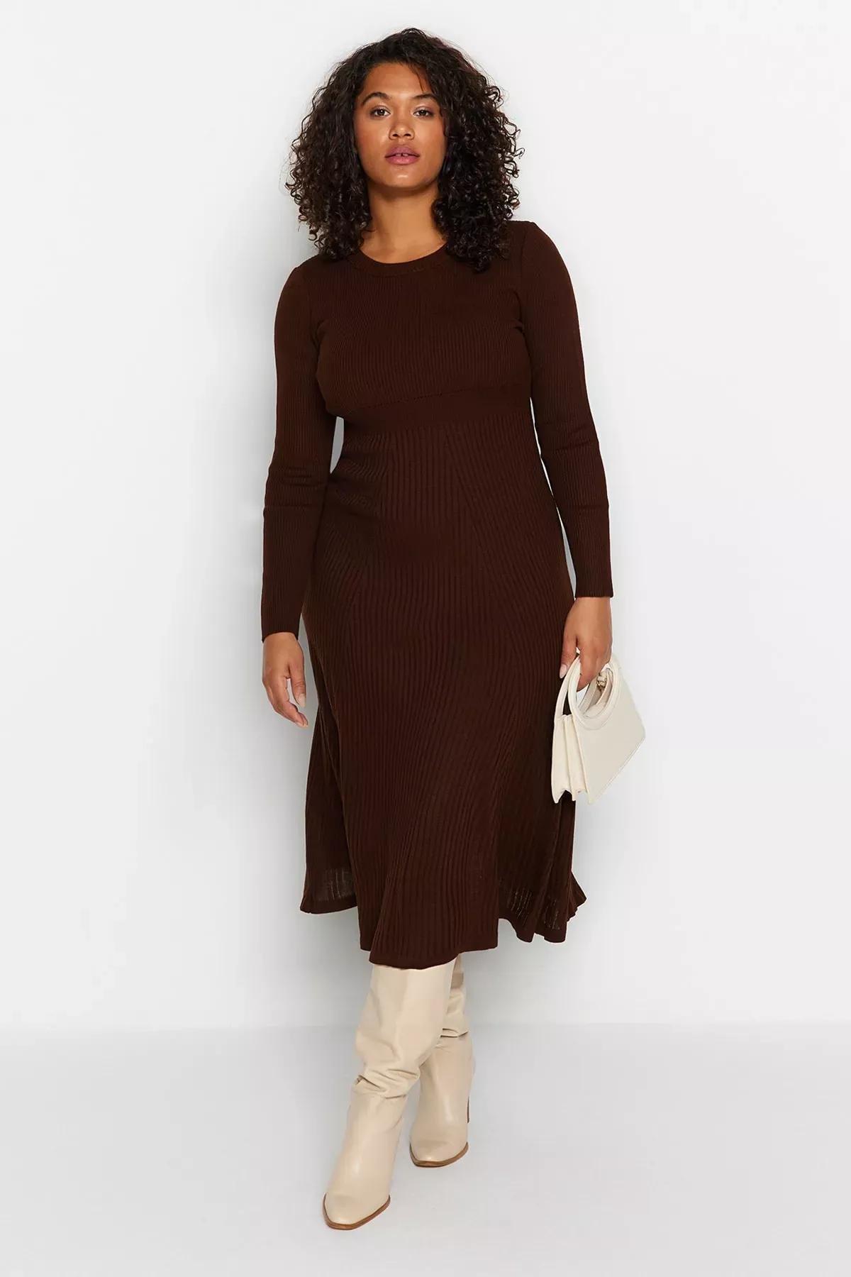 Brown A-Line Plus Size Dress, Brown, large image number 0