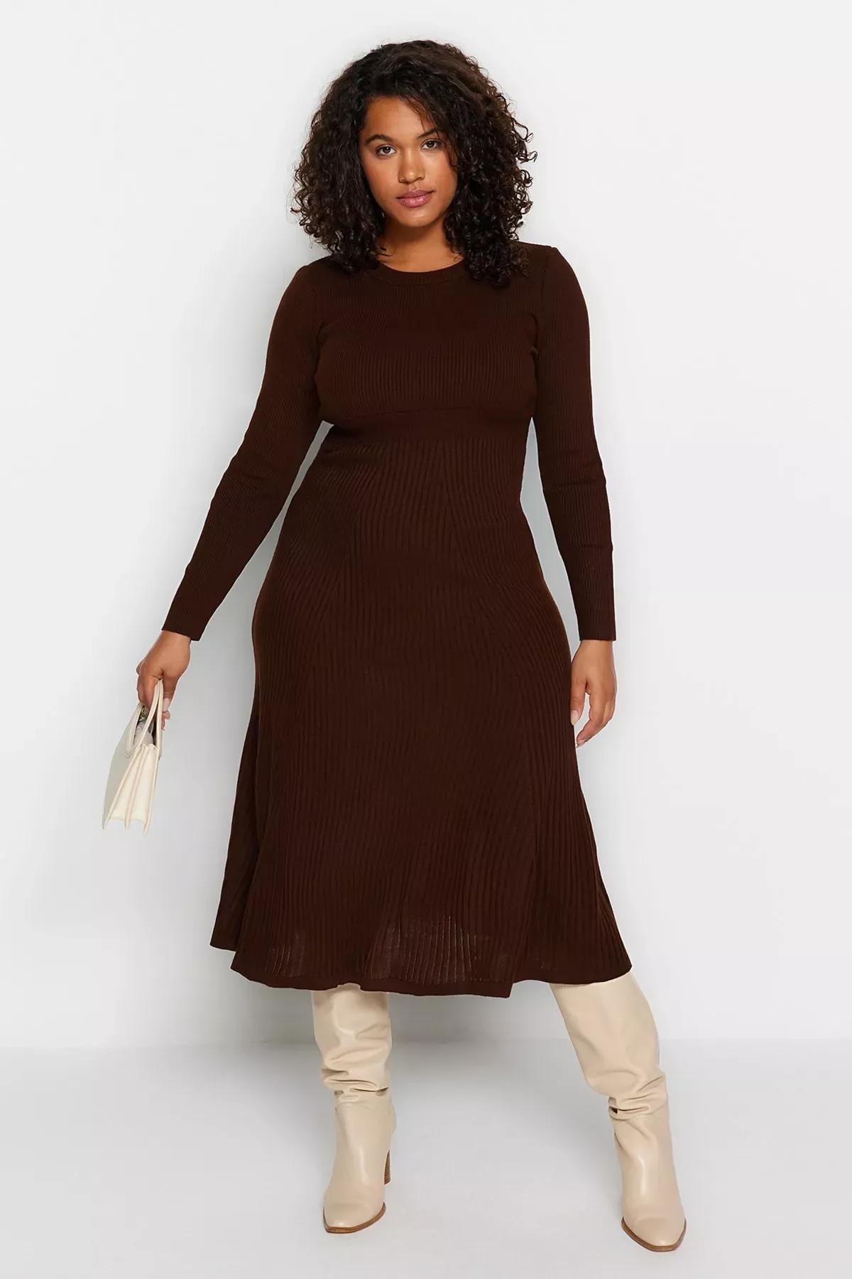 Brown A-Line Plus Size Dress, Brown, large image number 1