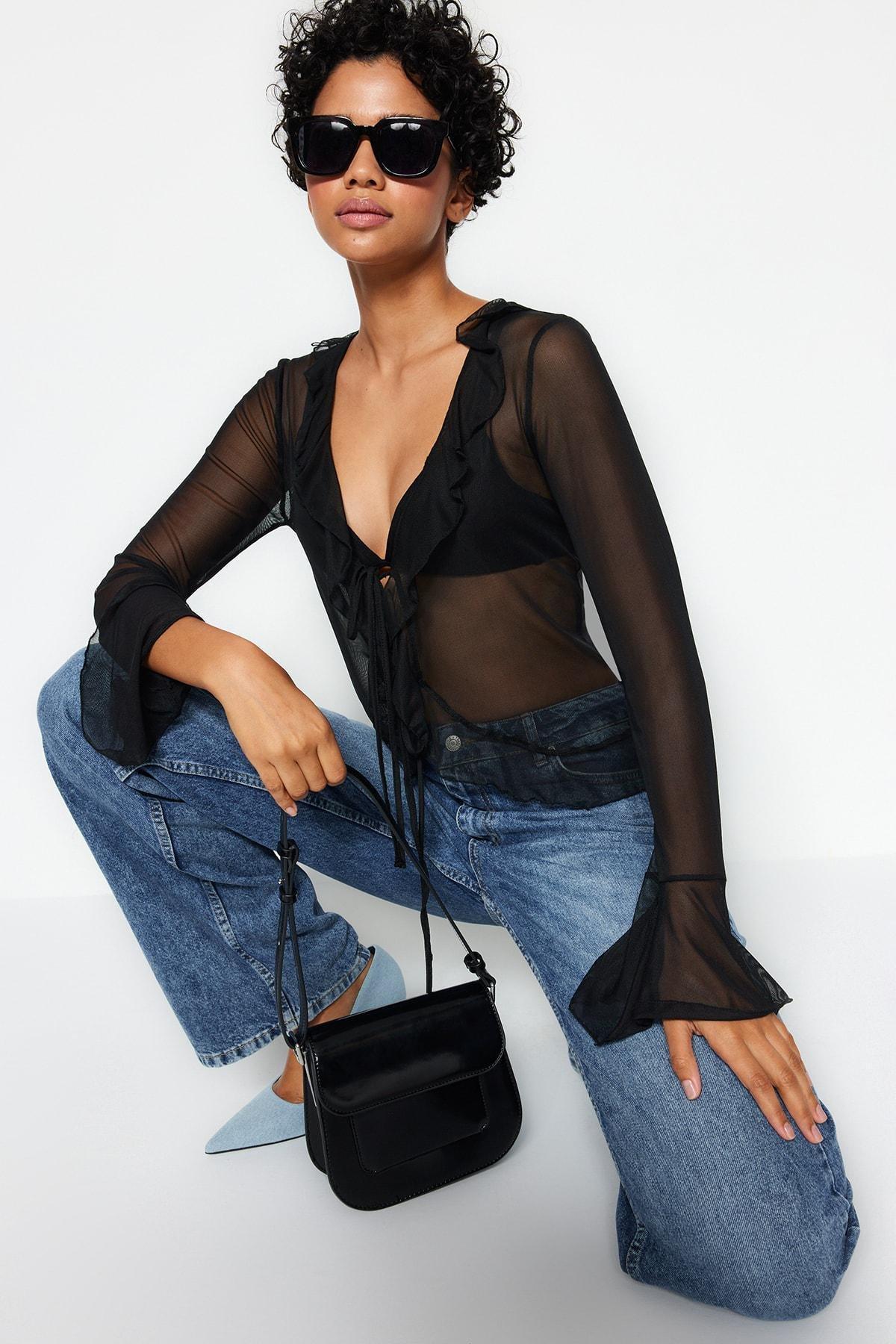 Black V-Neck Blouse, BLACK, large image number 0