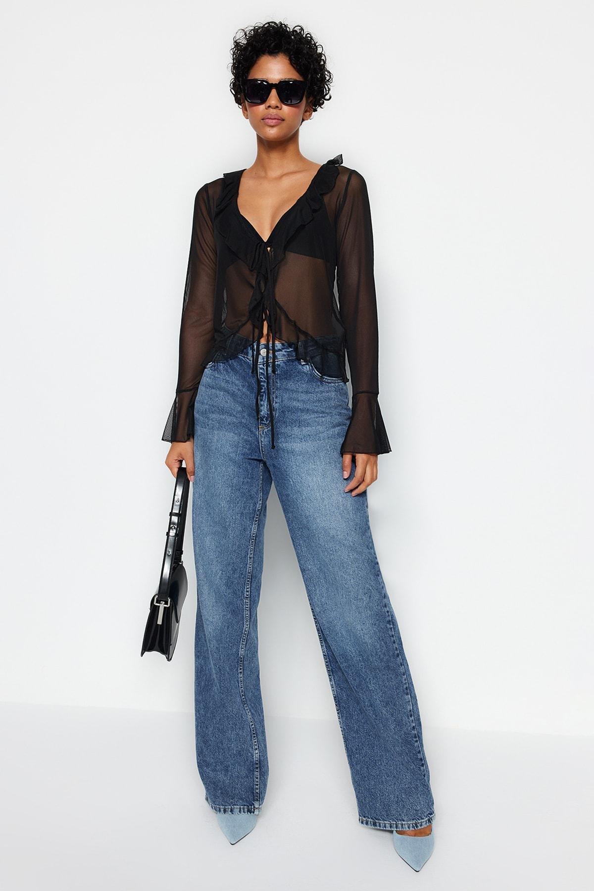 Black V-Neck Blouse, BLACK, large image number 2