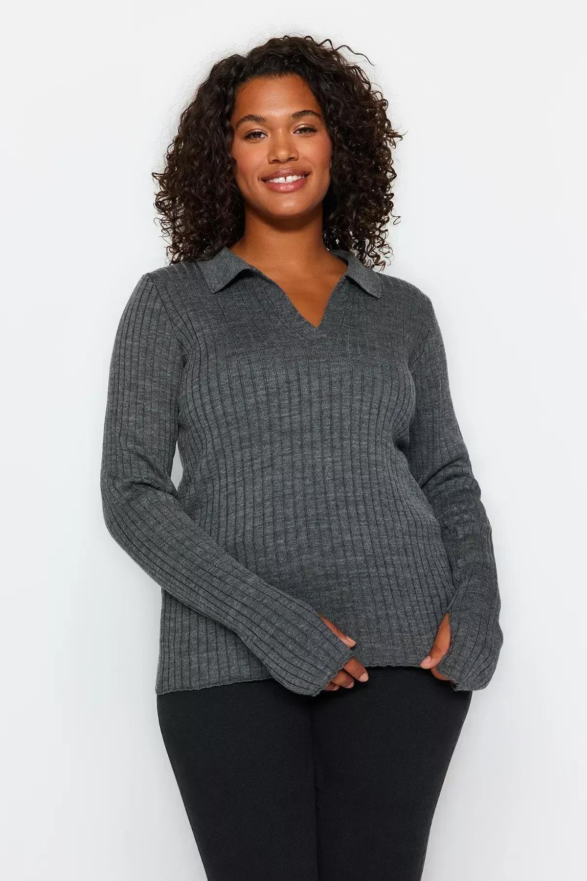 Grey Polo Neck Detailed Sleeves Knitwear Sweater, Anthracite, large image number 0