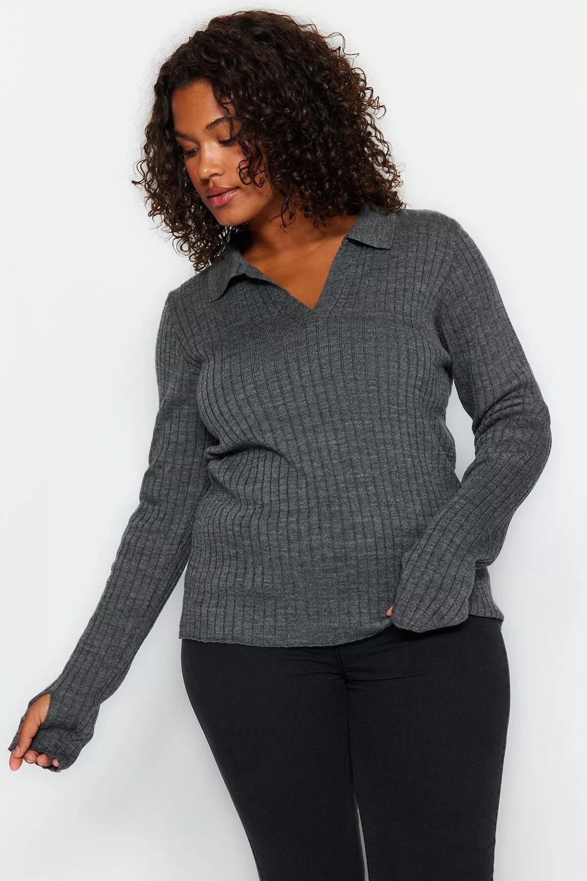 Grey Polo Neck Detailed Sleeves Knitwear Sweater, Anthracite, large image number 1