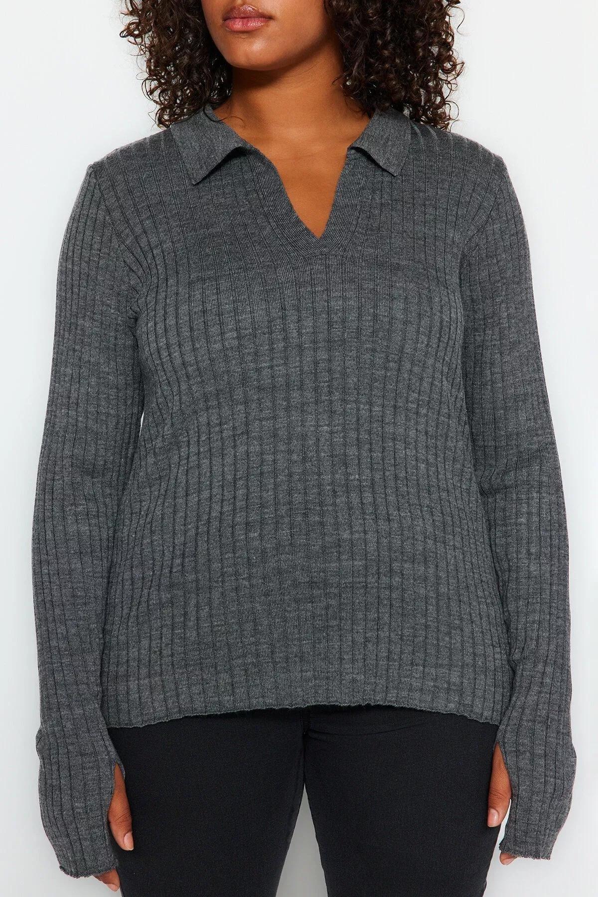Grey Polo Neck Detailed Sleeves Knitwear Sweater, Anthracite, large image number 2