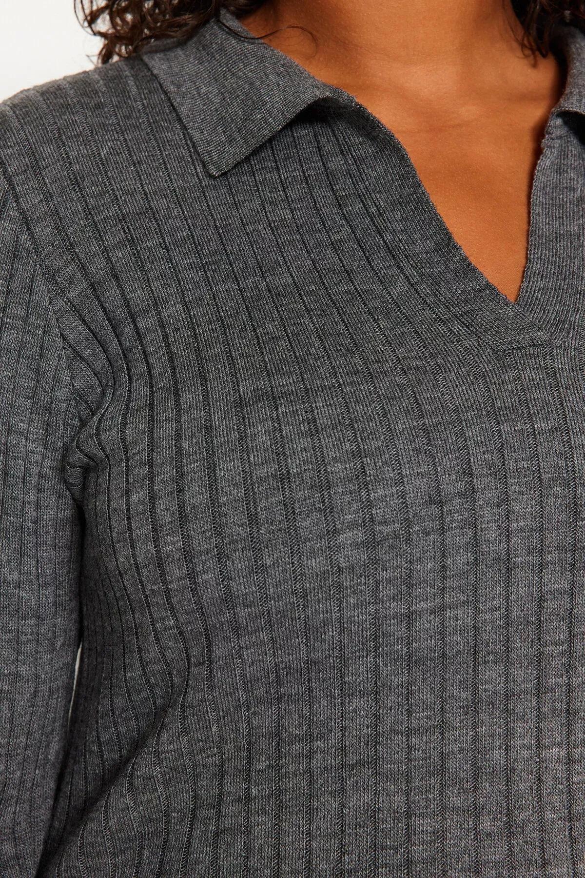 Grey Polo Neck Detailed Sleeves Knitwear Sweater, Anthracite, large image number 3