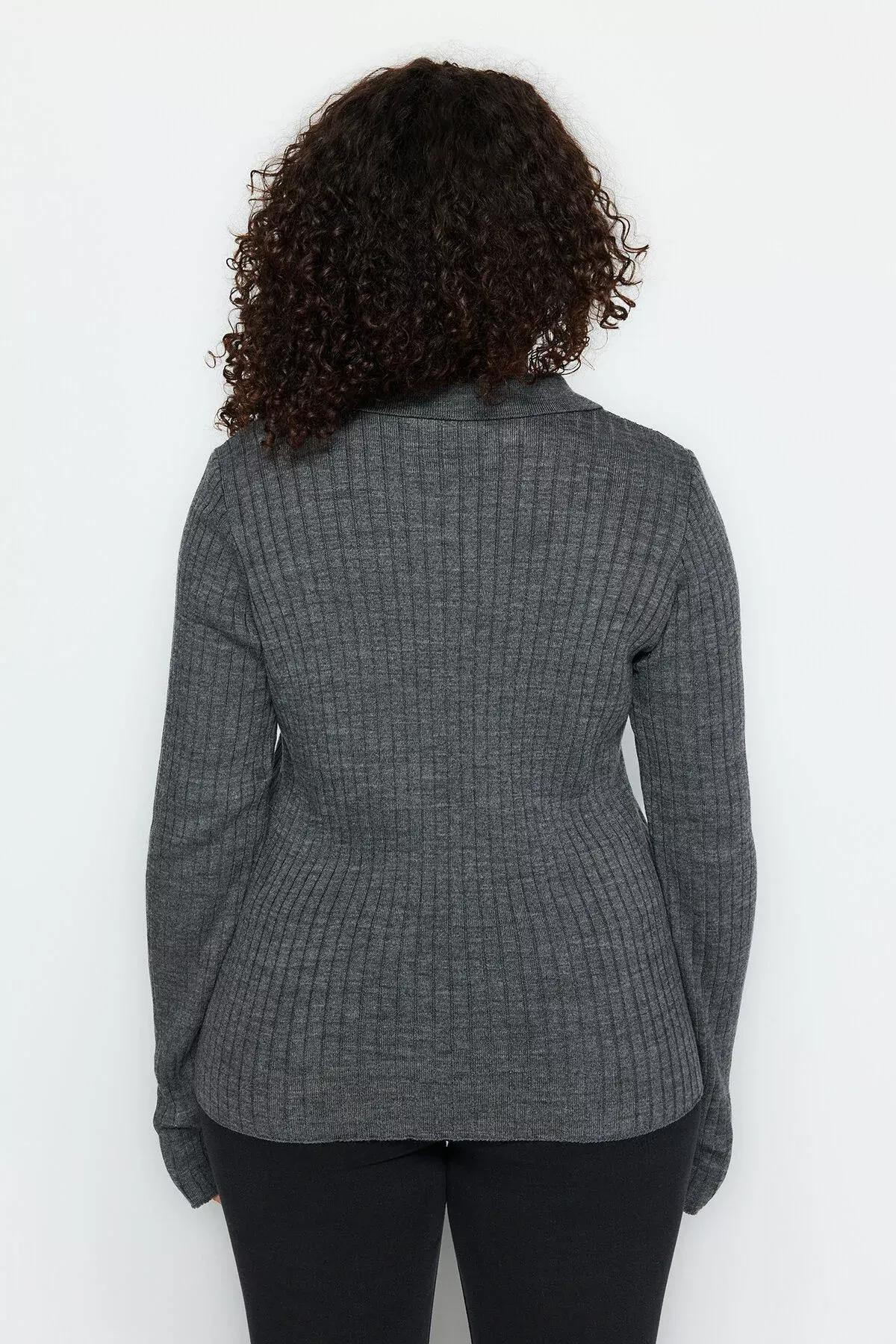 Grey Polo Neck Detailed Sleeves Knitwear Sweater, Anthracite, large image number 4