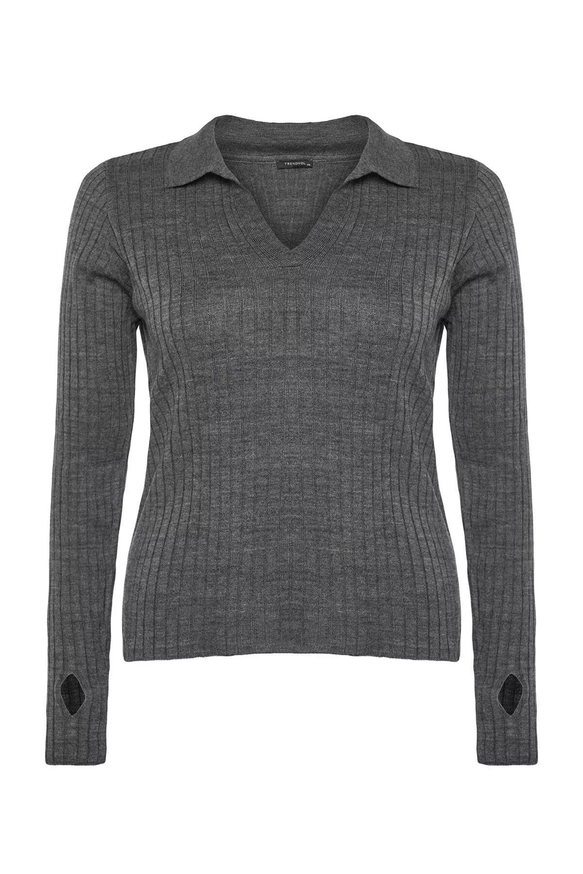 Grey Polo Neck Detailed Sleeves Knitwear Sweater, Anthracite, large image number 5