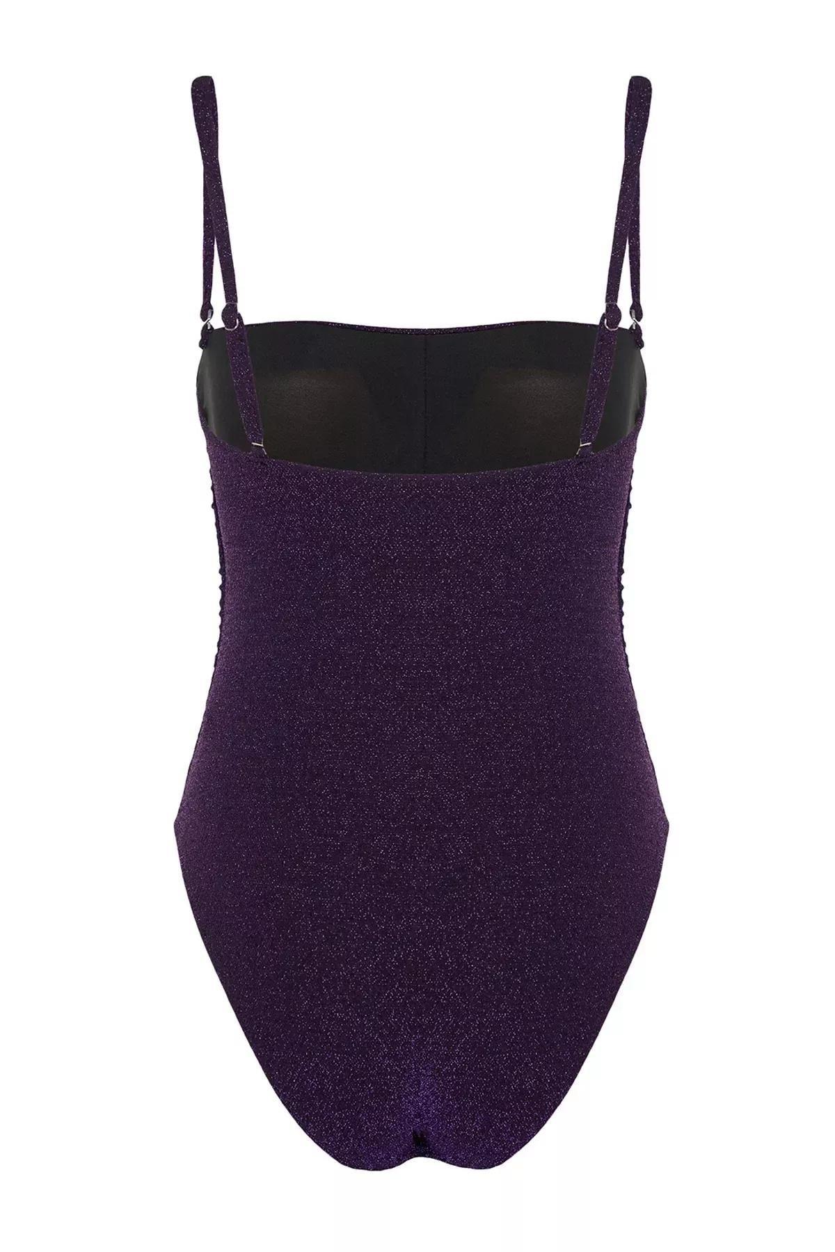 Purple Strapless Glitter High Leg Swimsuit, Purple, large image number 6
