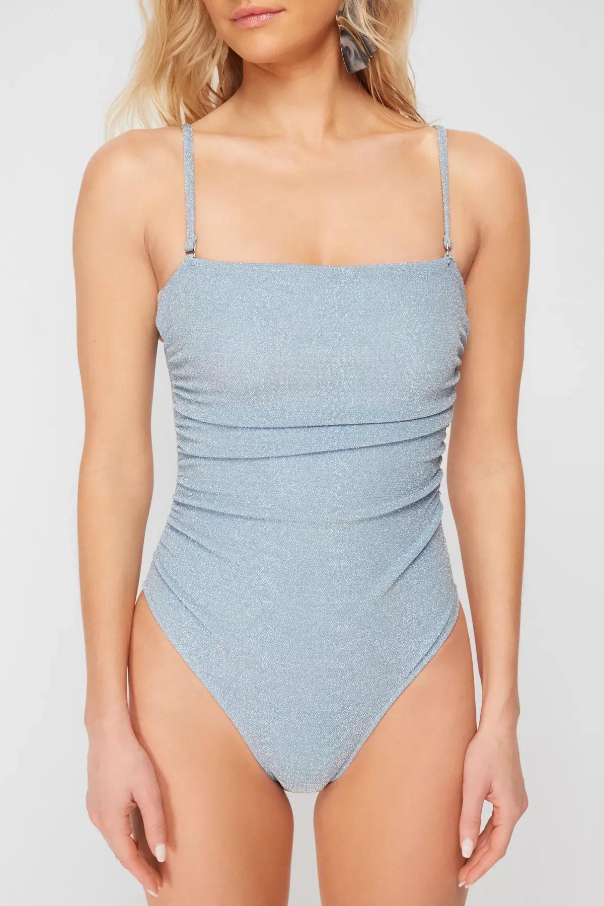 Blue Strapless Glitter High Leg Swimsuit, Blue, large image number 3