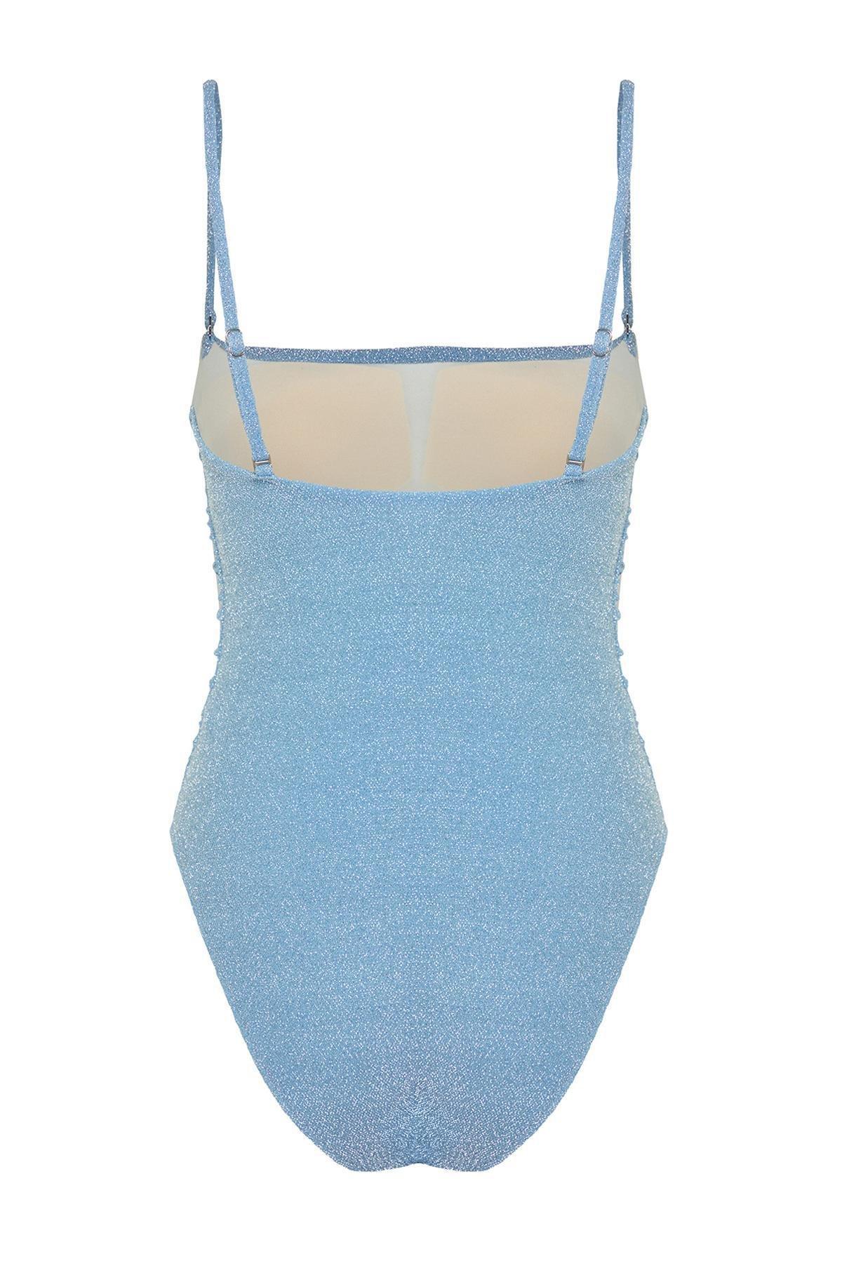 Blue Strapless Glitter High Leg Swimsuit, , large image number 5