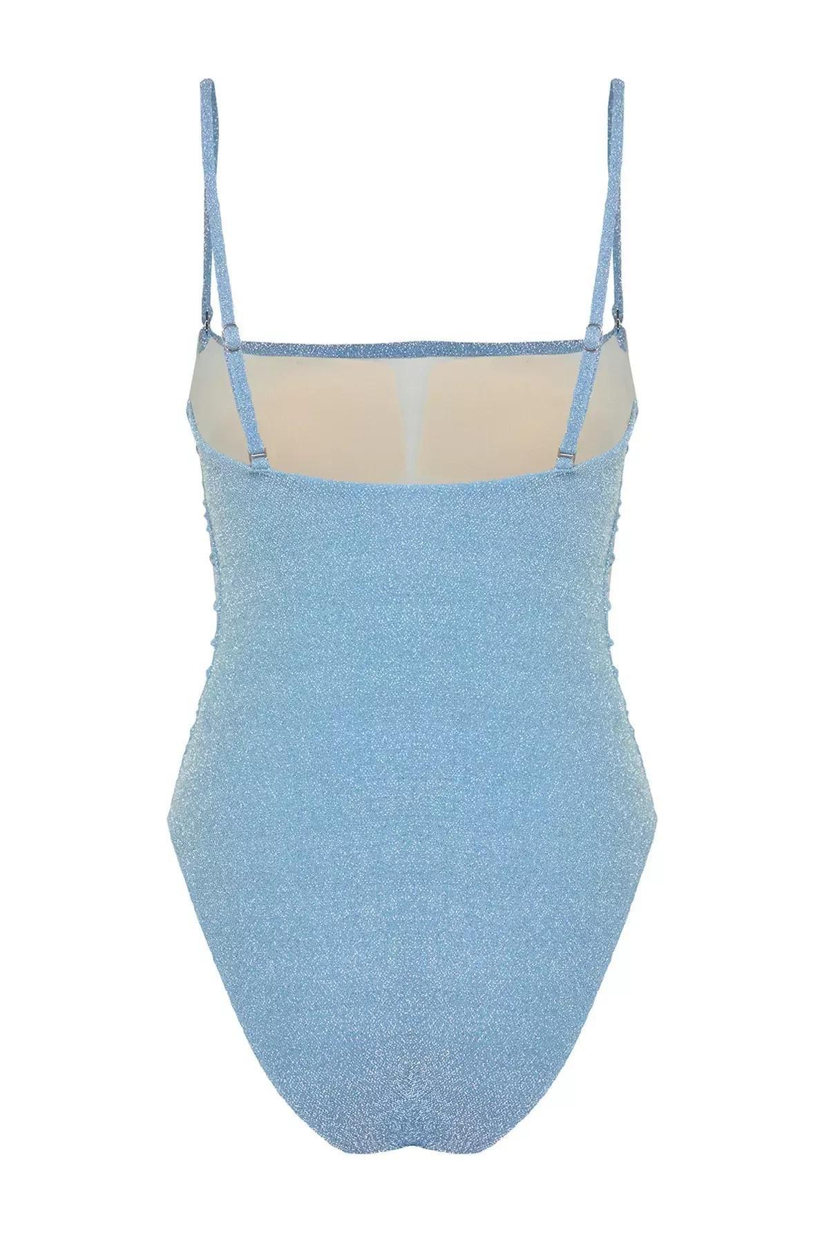 Blue Strapless Glitter High Leg Swimsuit, Blue, large image number 6