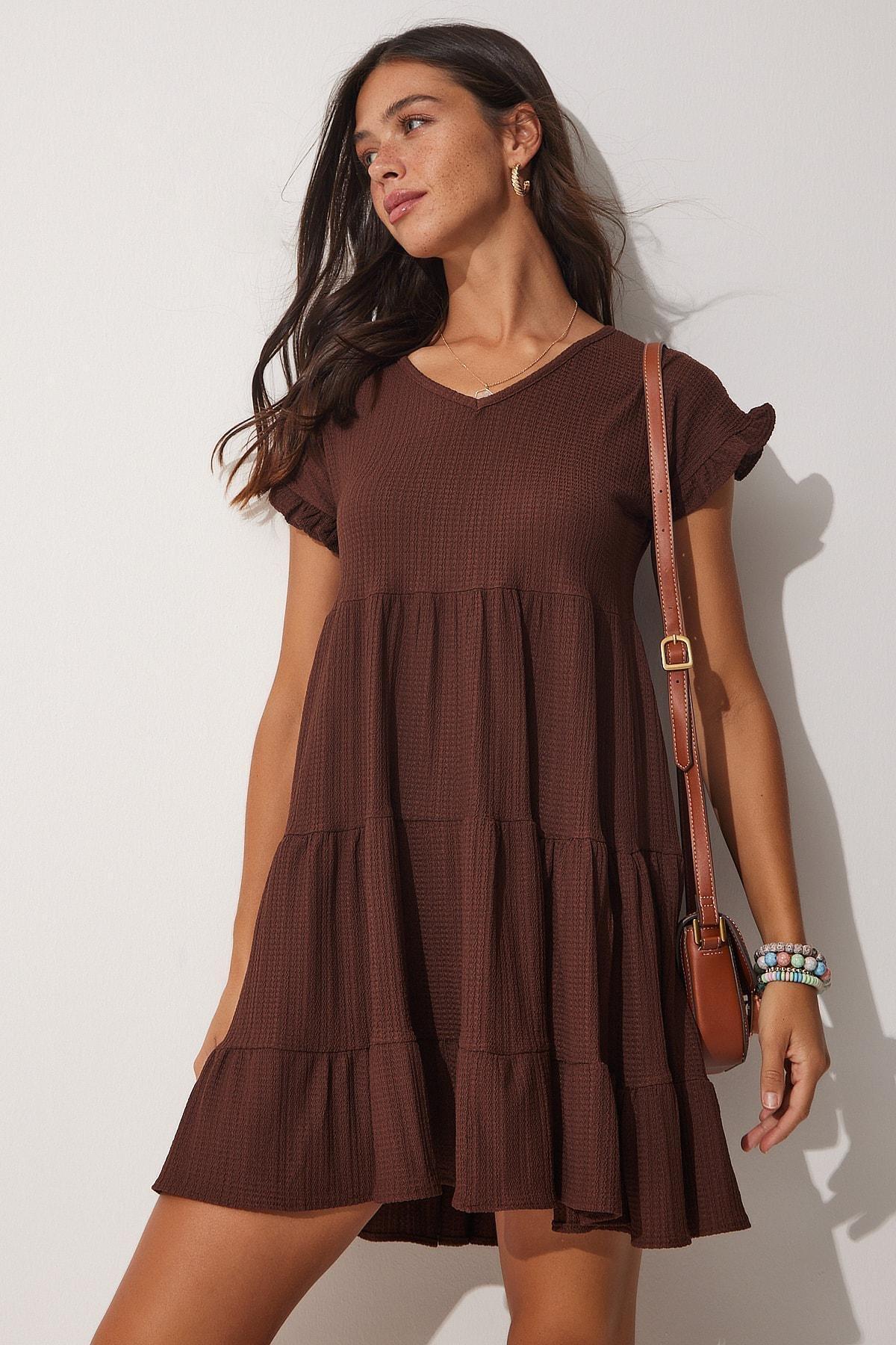 Brown V-Neck Ruffles Summer Dress, Brown, large image number 0