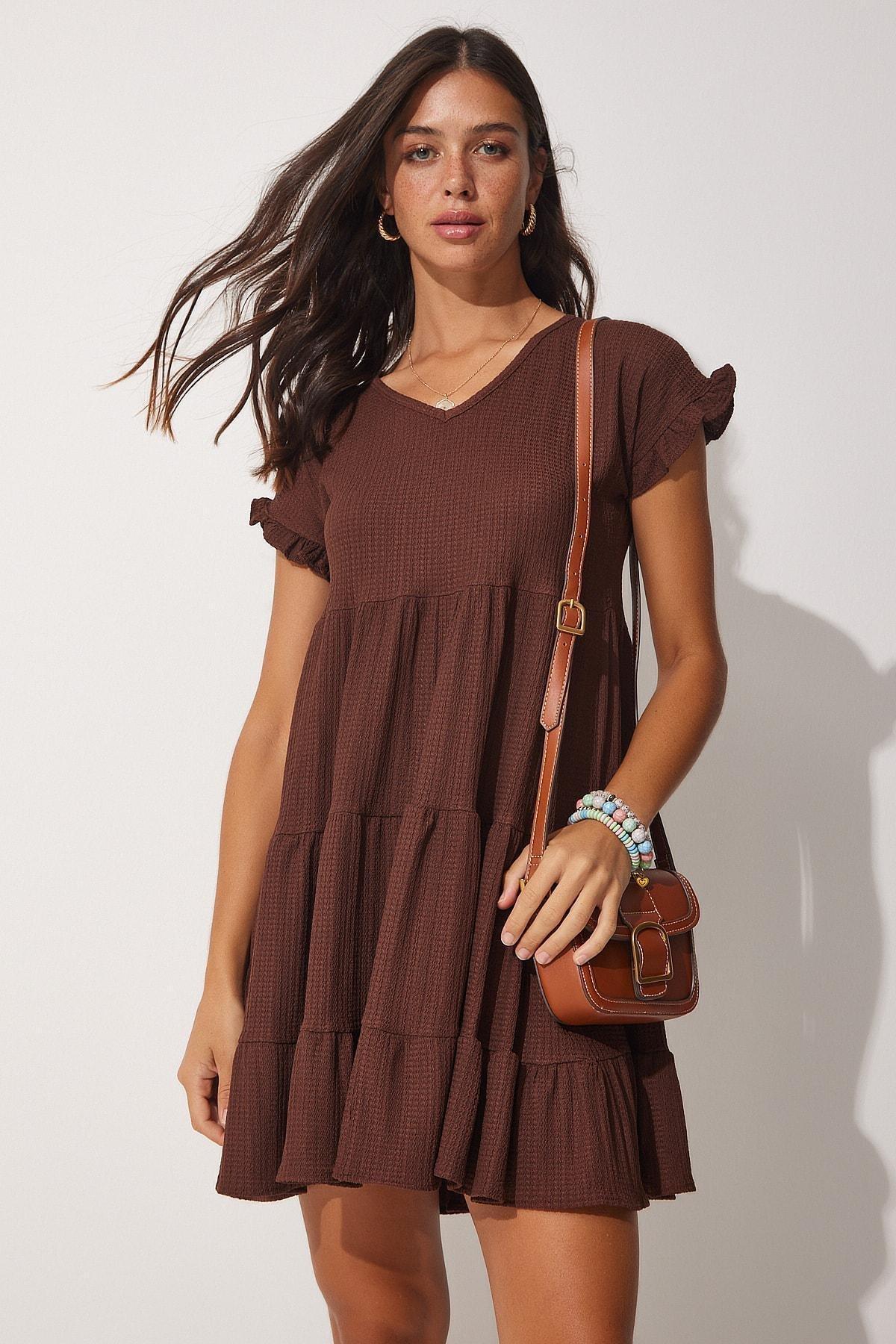 Brown V-Neck Ruffles Summer Dress, Brown, large image number 1