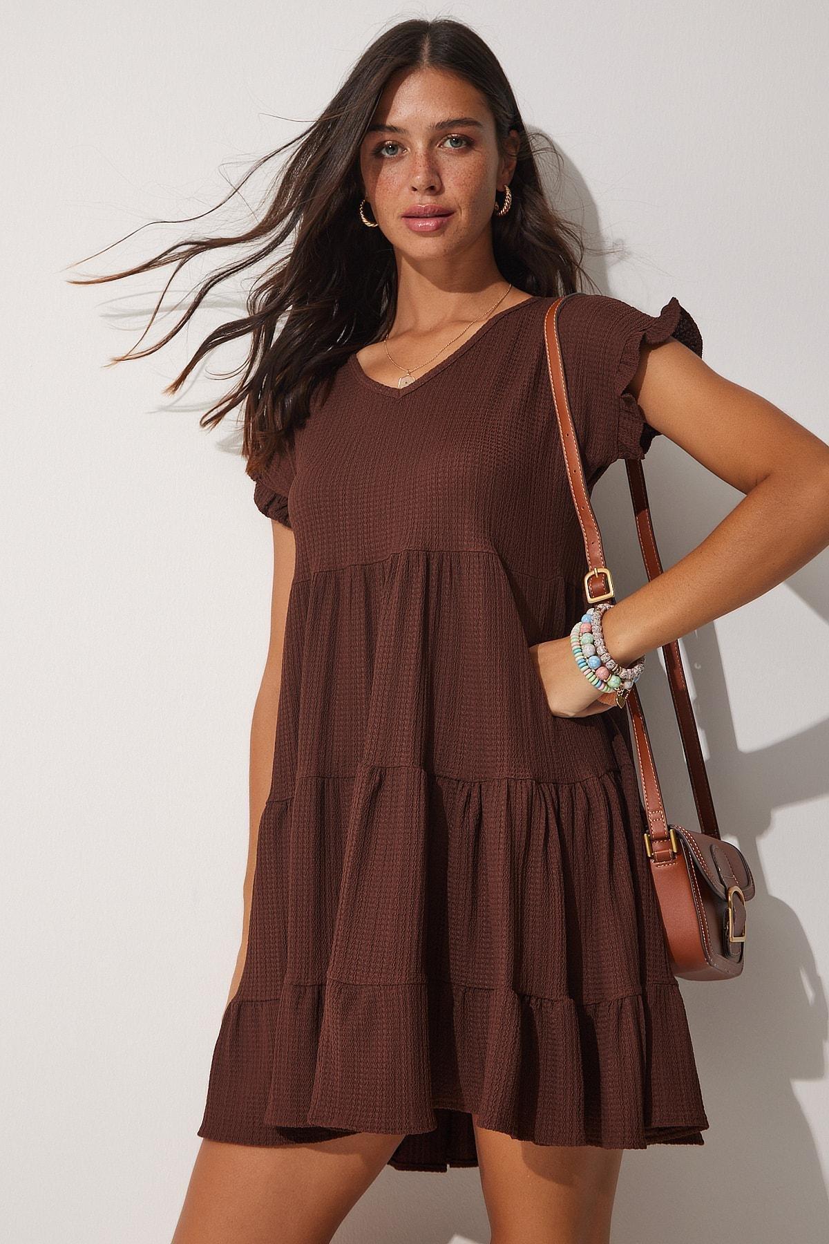 Brown V-Neck Ruffles Summer Dress, Brown, large image number 2