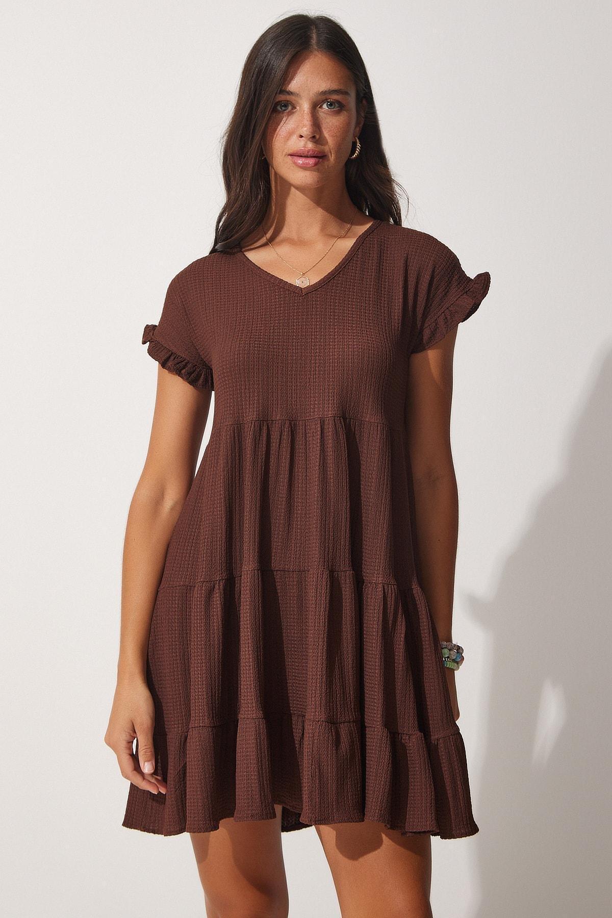 Brown V-Neck Ruffles Summer Dress, Brown, large image number 3