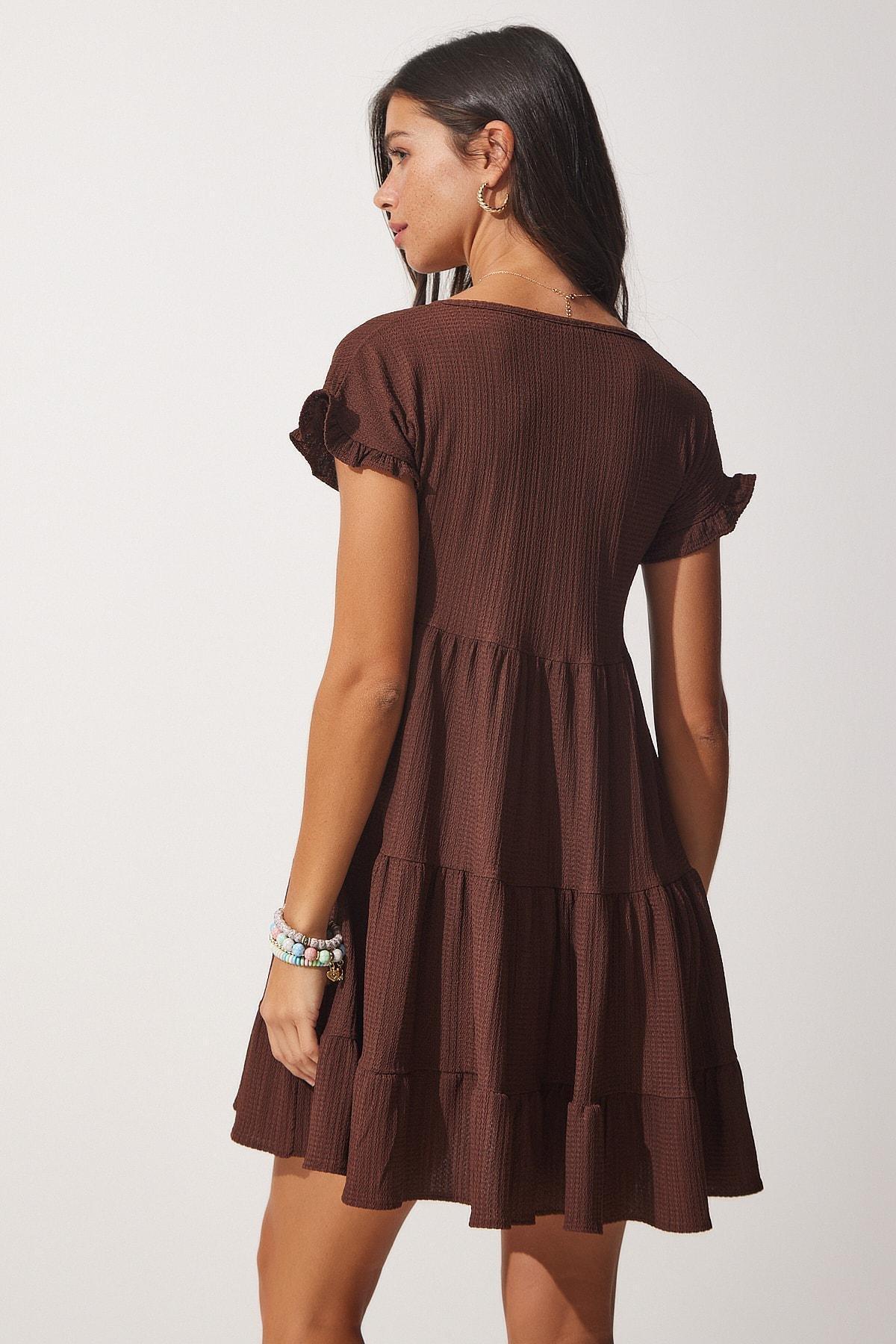 Brown V-Neck Ruffles Summer Dress, Brown, large image number 4