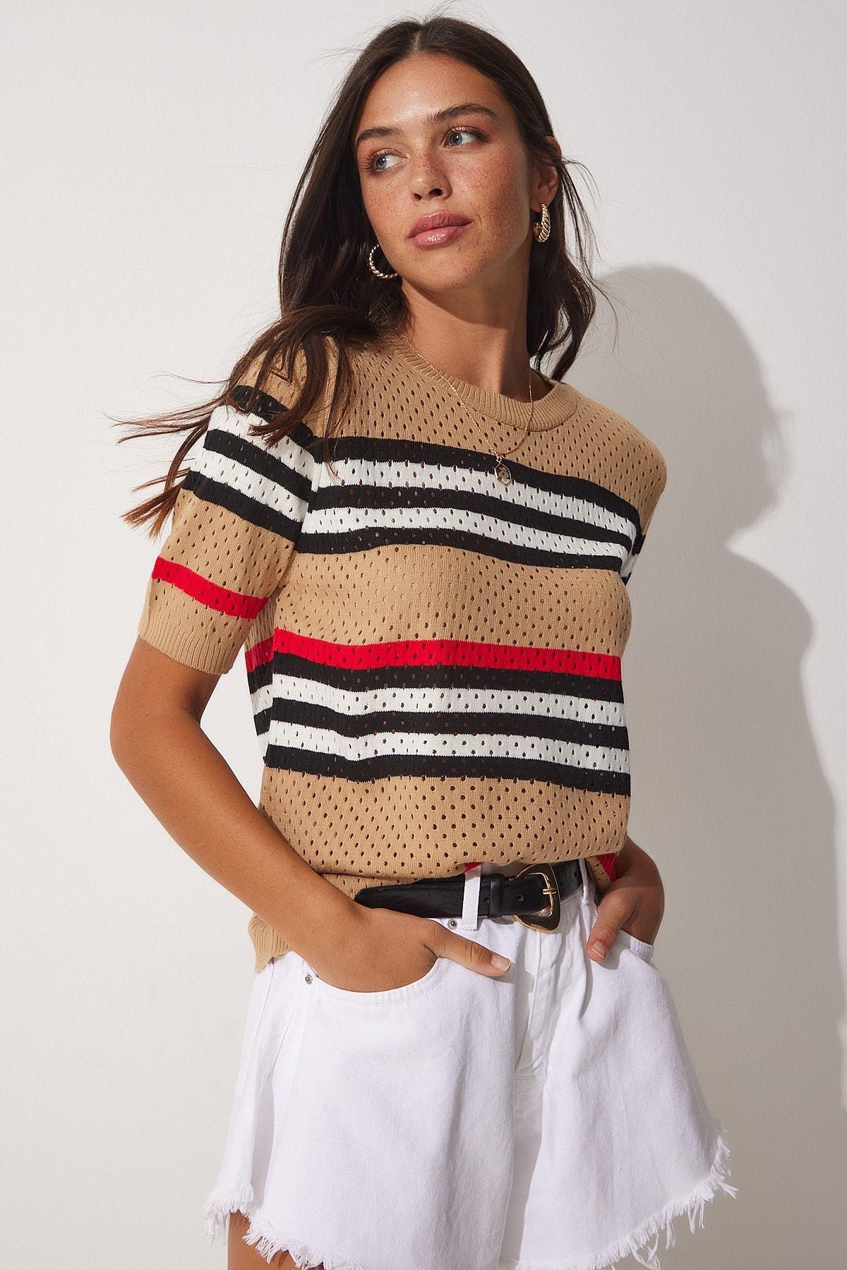 Brown Crew Neck Blouse, BISCUIT, large image number 1