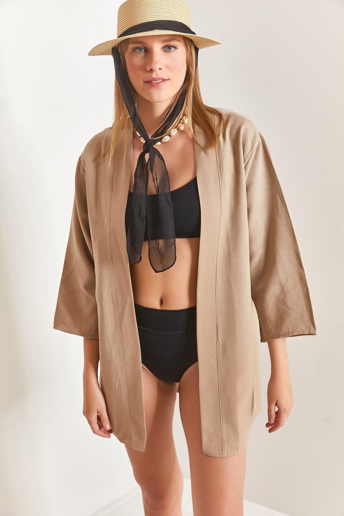 Beige Basic Kimono, , large image number 5