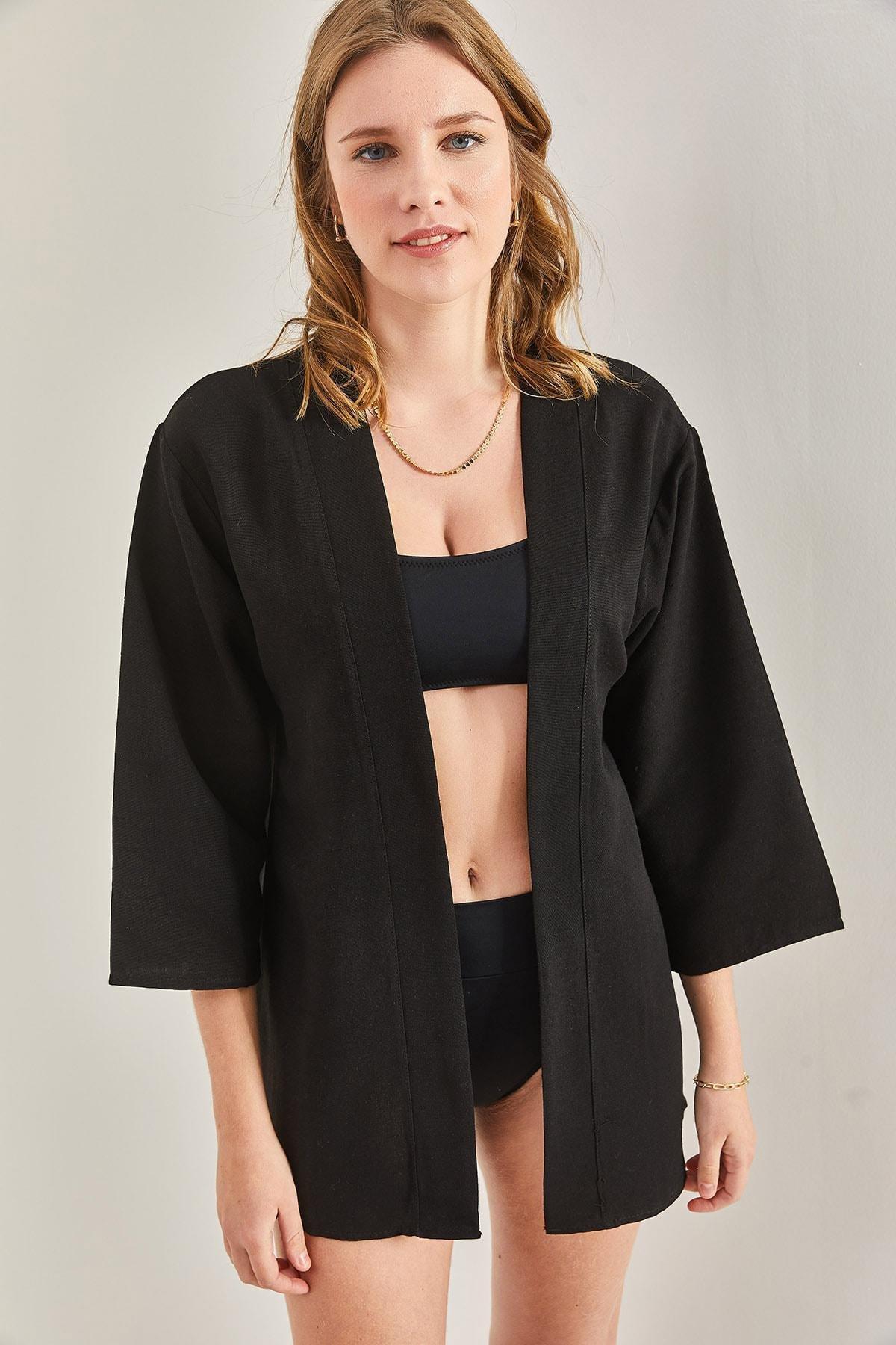 Black Basic Kimono, , large image number 0