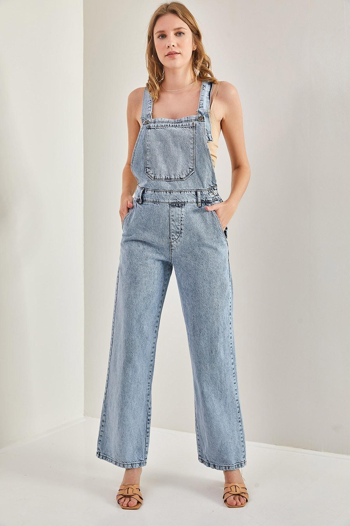 Blue Long Denim Salopet With Strap Bag Pocket, Blue, medium