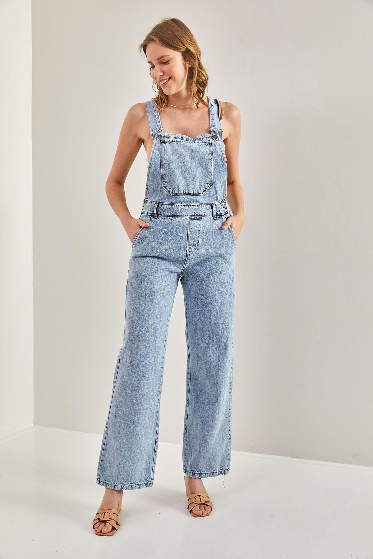 Blue Long Denim Salopet With Strap Bag Pocket, Blue, medium