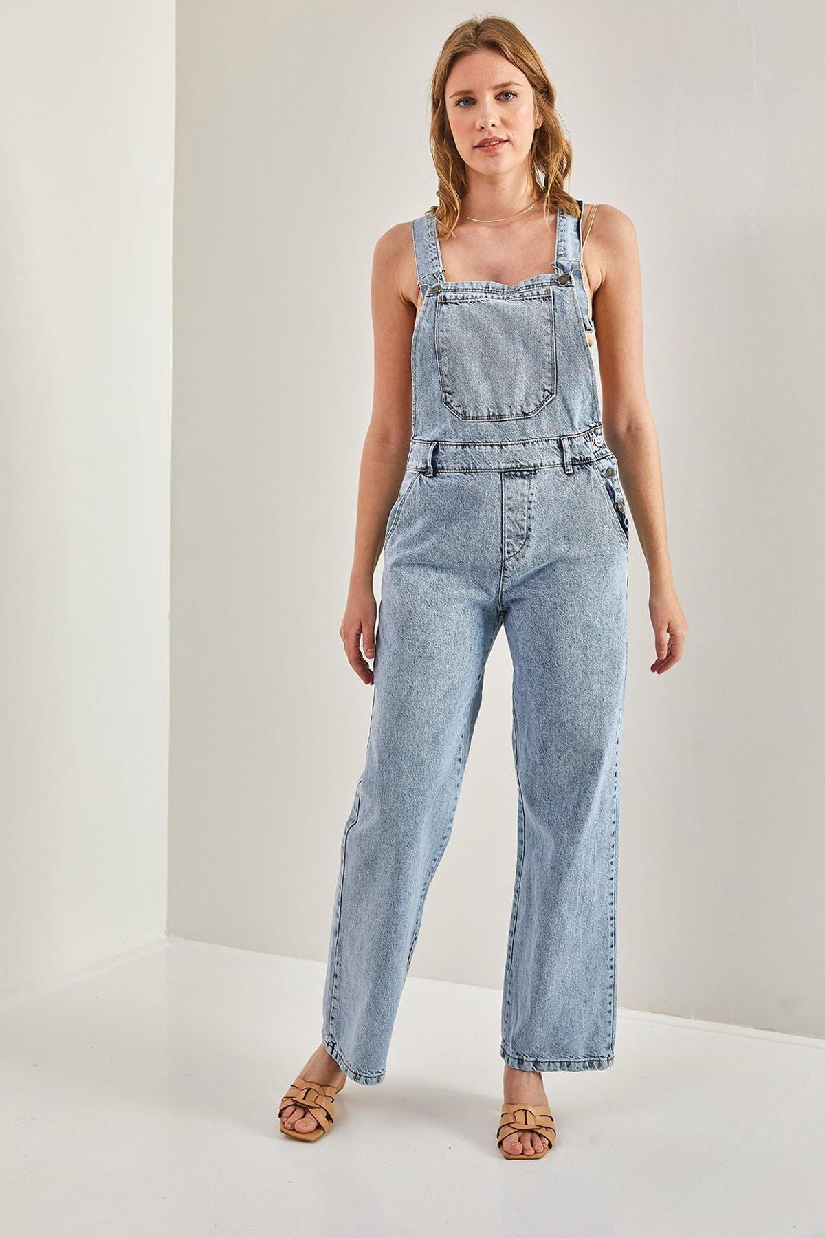 Blue Long Denim Salopet With Strap Bag Pocket, Blue, medium