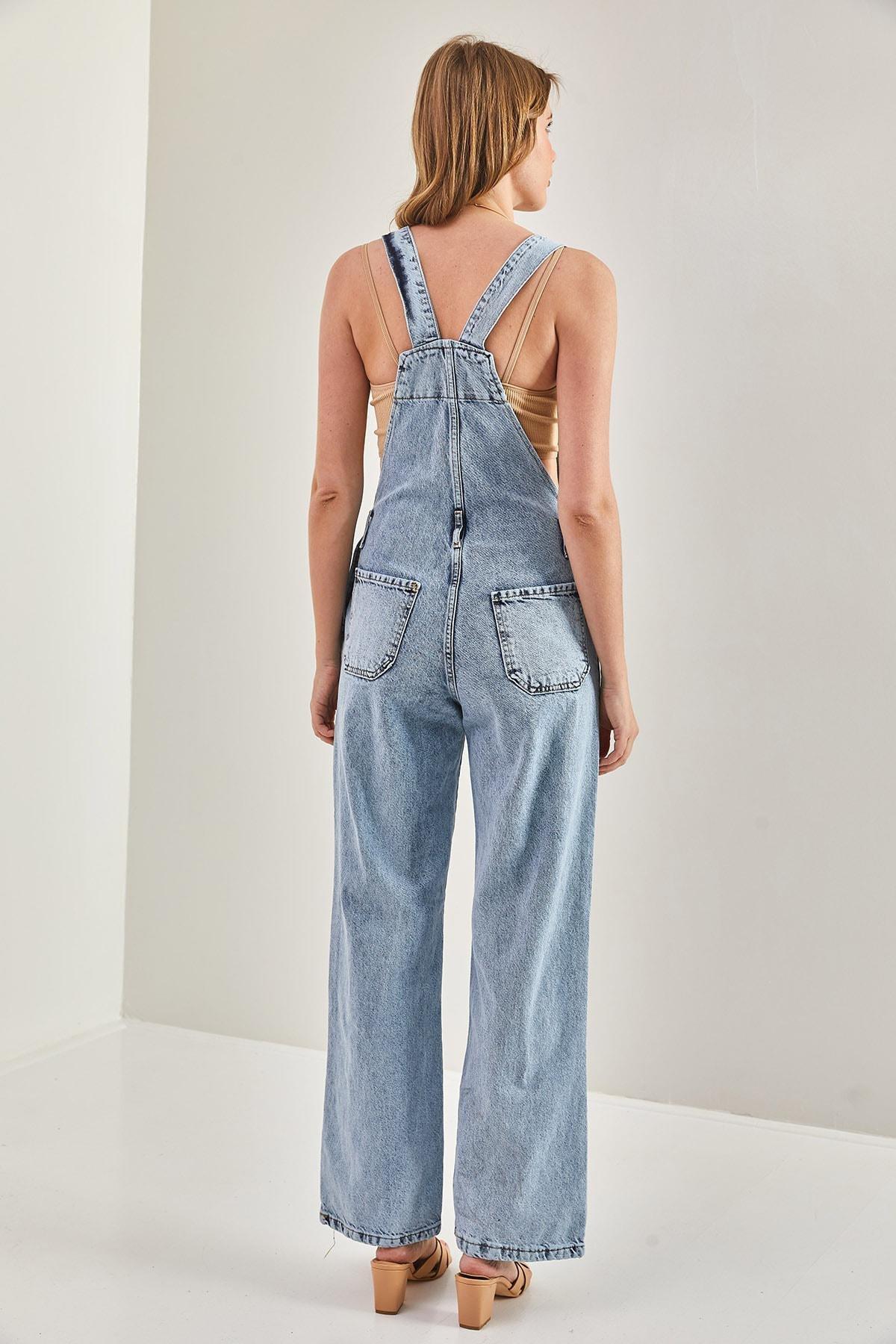 Blue Long Denim Salopet With Strap Bag Pocket, Blue, large image number 4