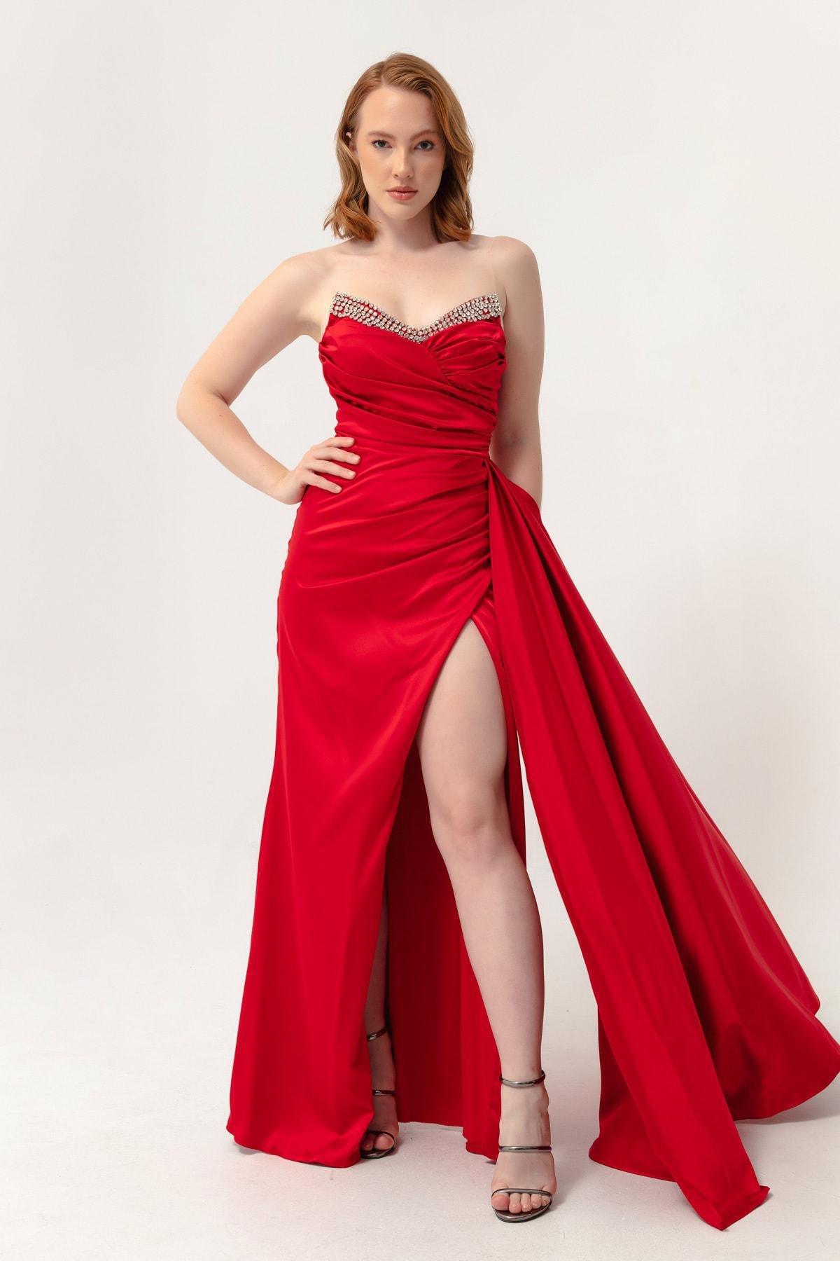 Lafaba - Red Chest Stones Long Occasion Wear Dress