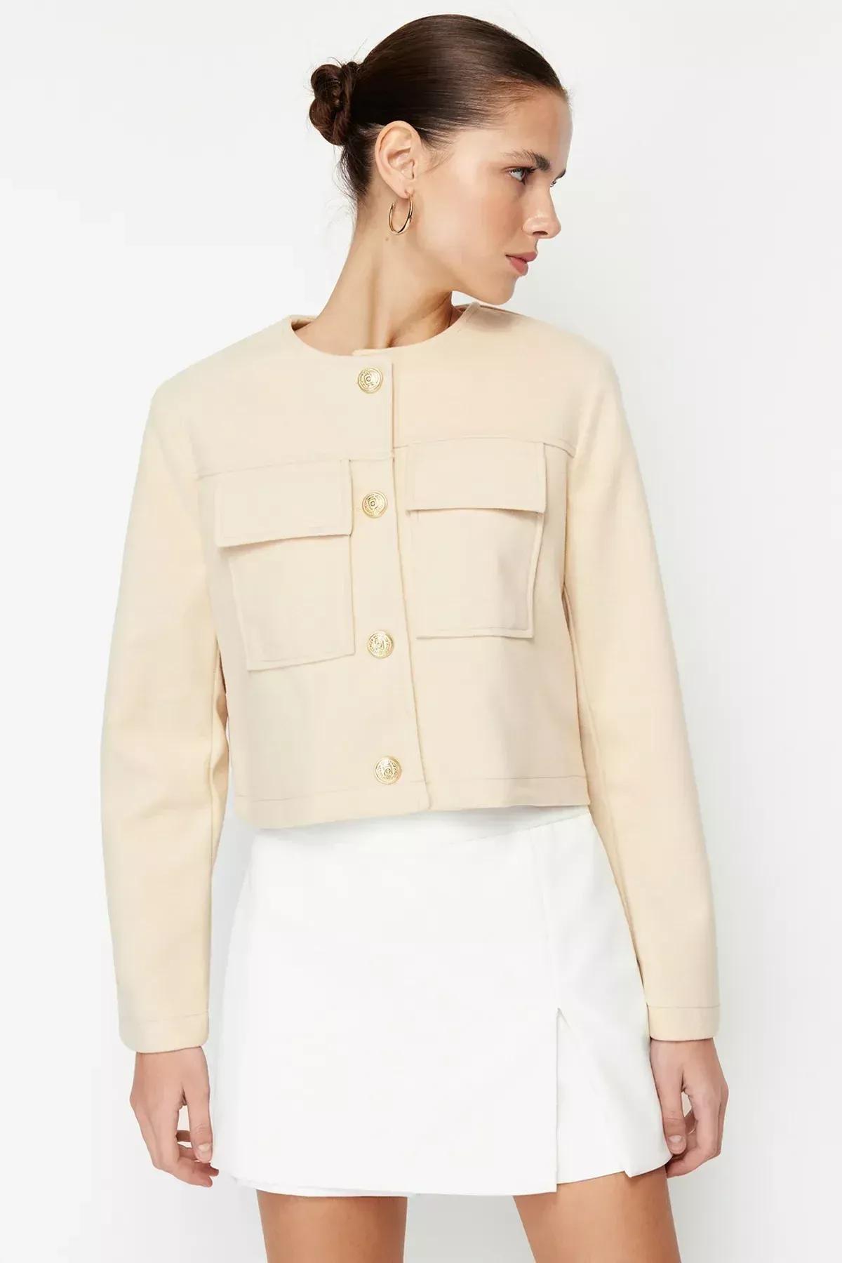 Beige Gold Buttoned Stamped Jacket, Mink, large image number 0