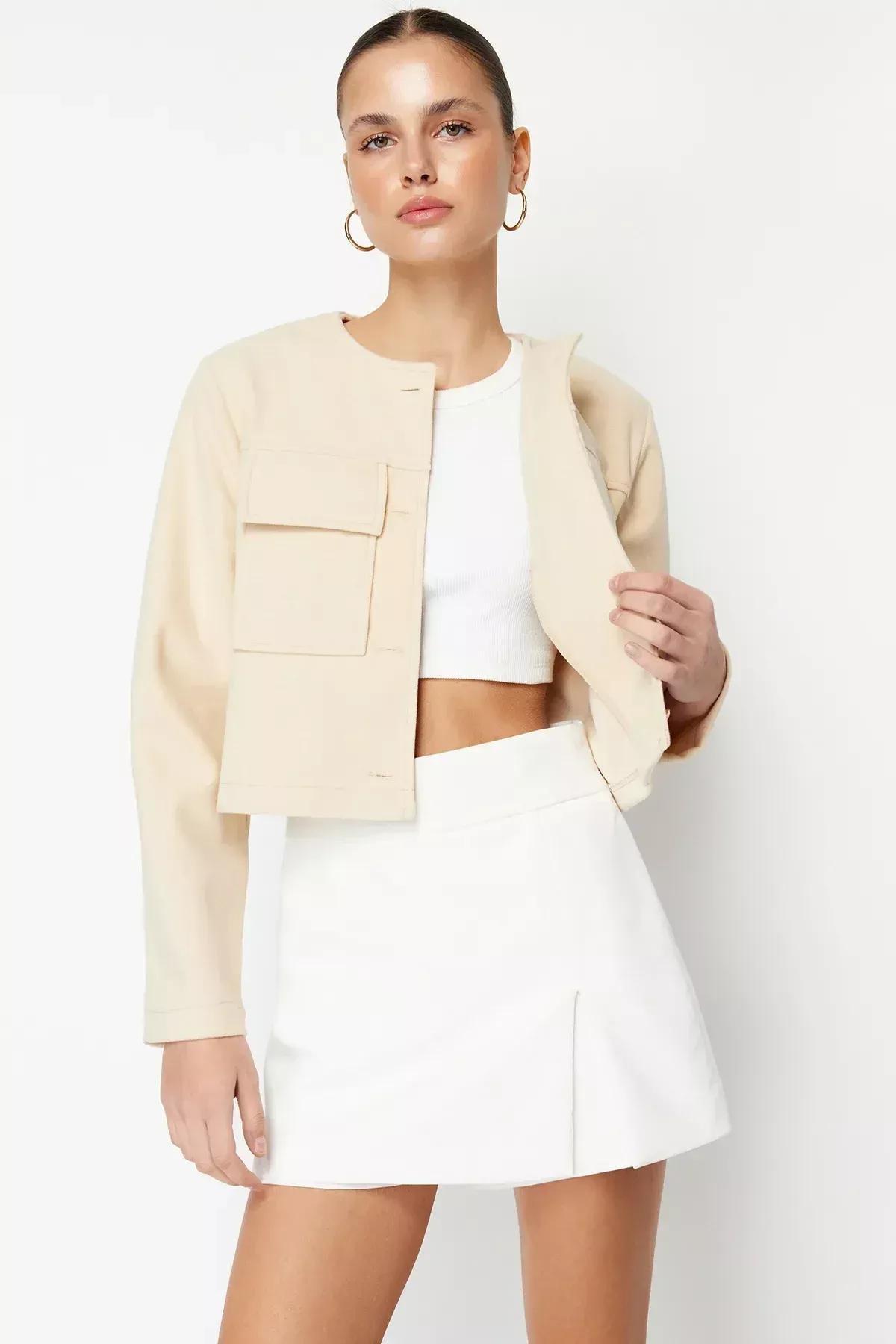 Beige Gold Buttoned Stamped Jacket, Mink, large image number 1