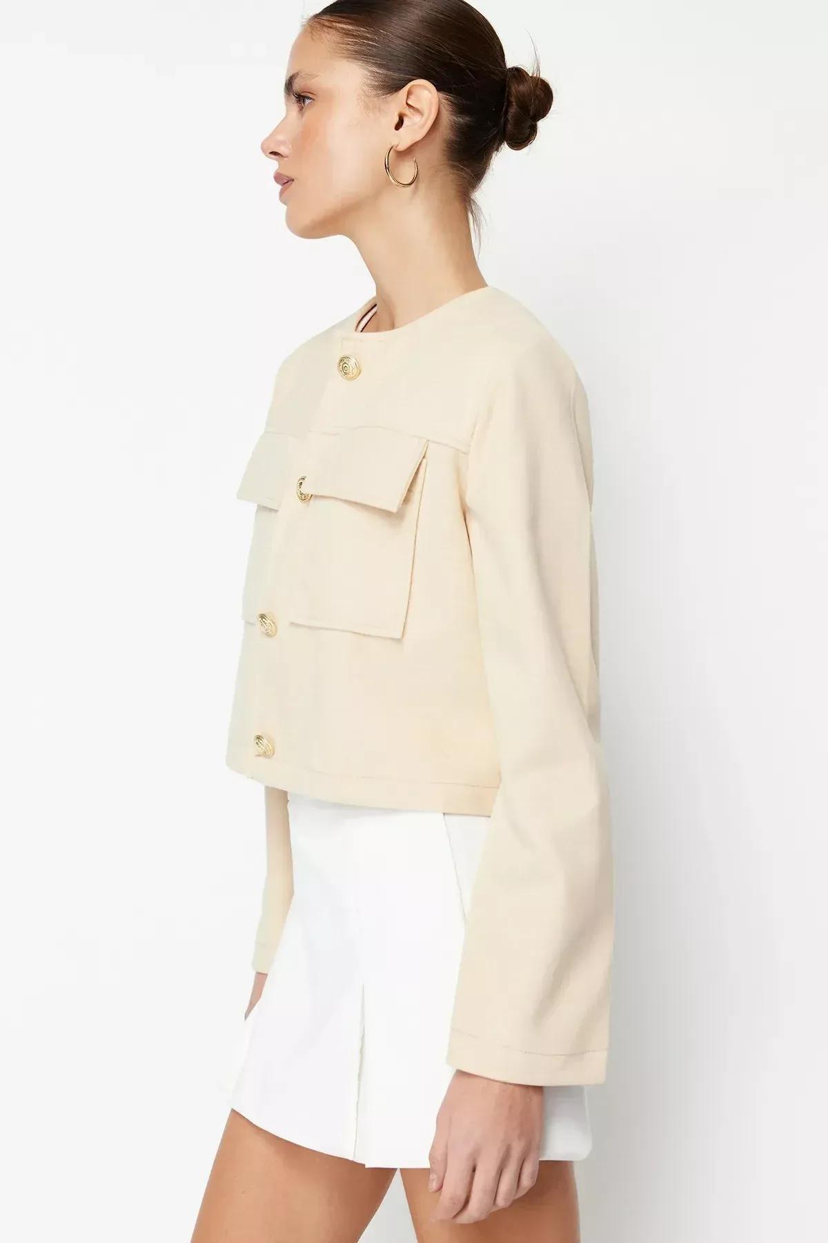 Beige Gold Buttoned Stamped Jacket, Mink, large image number 2