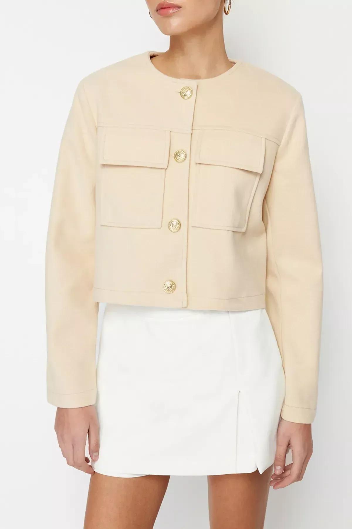 Beige Gold Buttoned Stamped Jacket, Mink, large image number 4