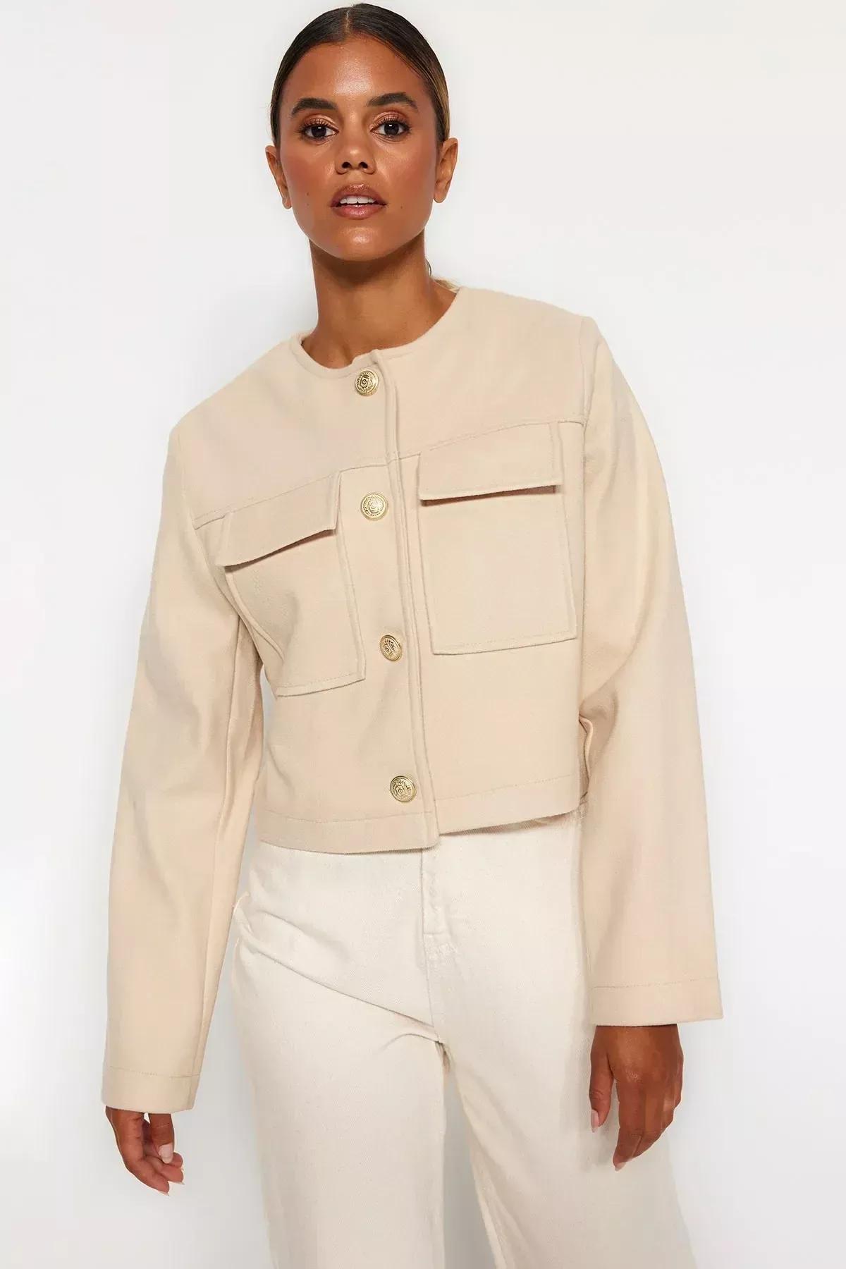 Beige Gold Buttoned Stamped Jacket, Mink, large image number 5