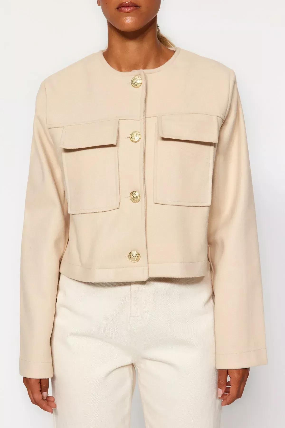 Beige Gold Buttoned Stamped Jacket, Mink, large image number 6