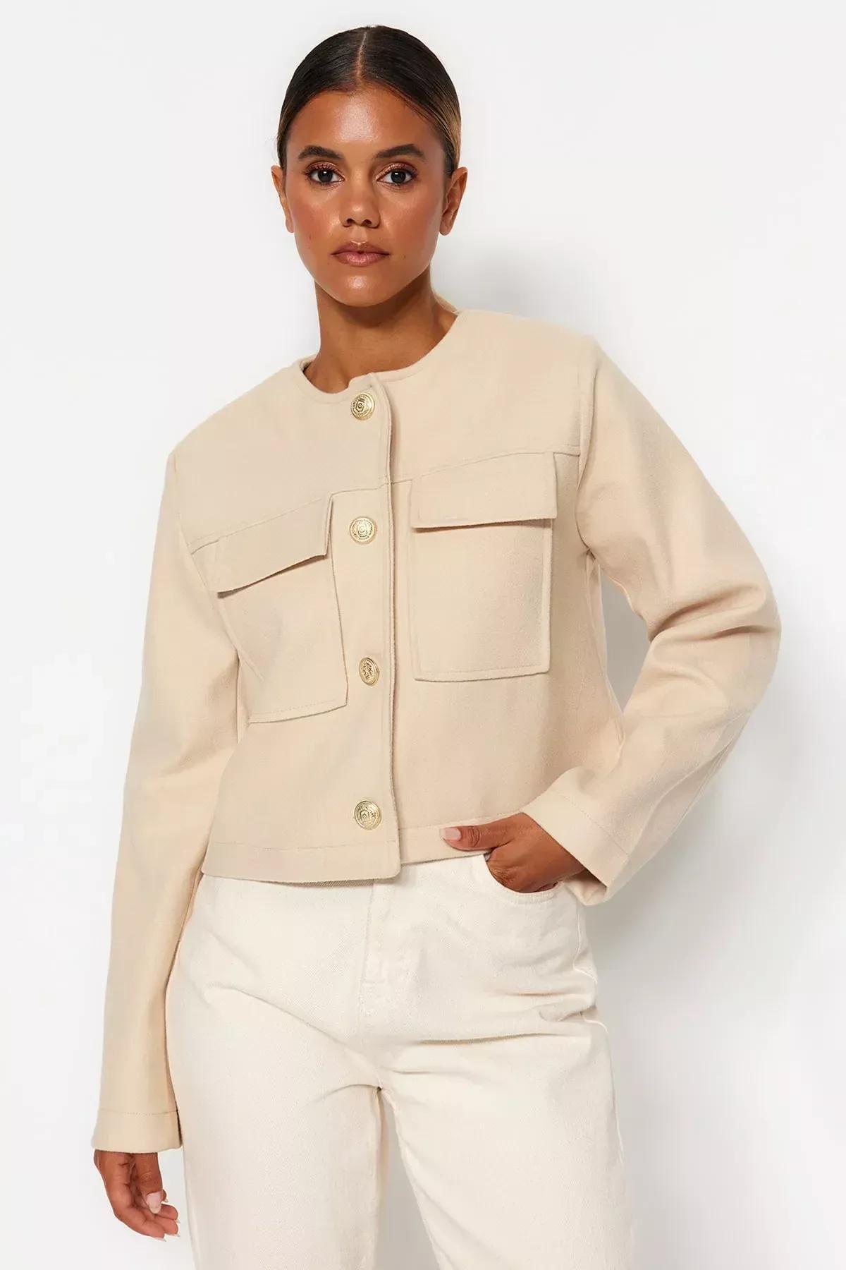 Beige Gold Buttoned Stamped Jacket, Mink, large image number 7