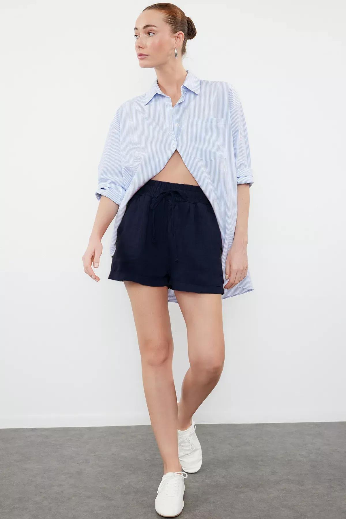 Navy Linen Elastic Waist Shorts, , large image number 0