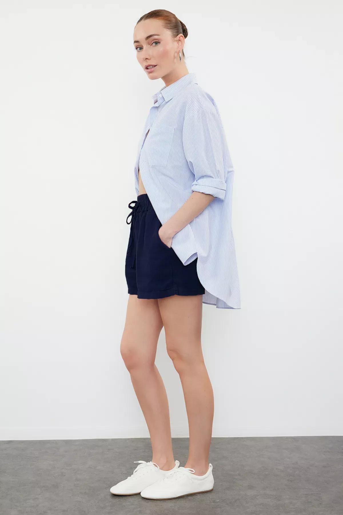 Navy Linen Elastic Waist Shorts, , large image number 1